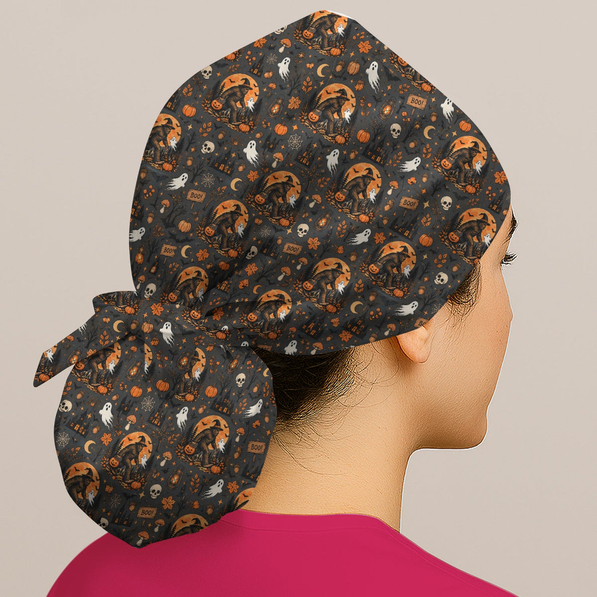 Bigfoot Ghost with Pumpkin Scrub Cap - Halloween Gift For Nurse
