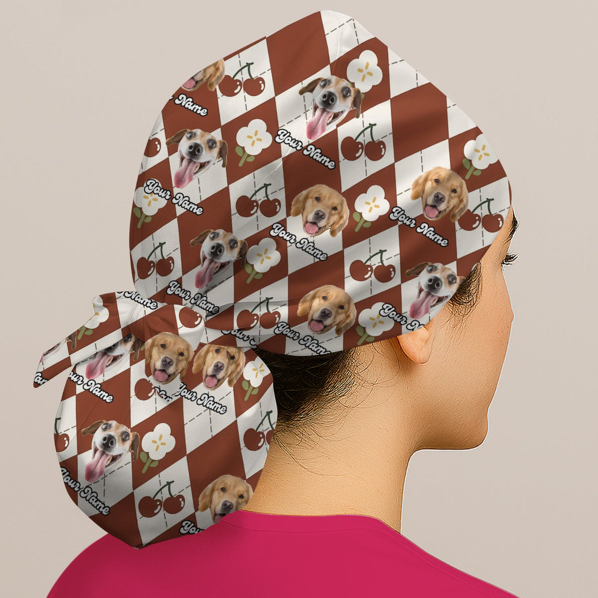 Dog Face Cherry Argyle Scrub Cap