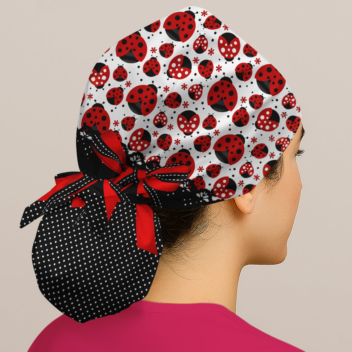 Ladybug Red Ribbon Polka Scrub Cap
