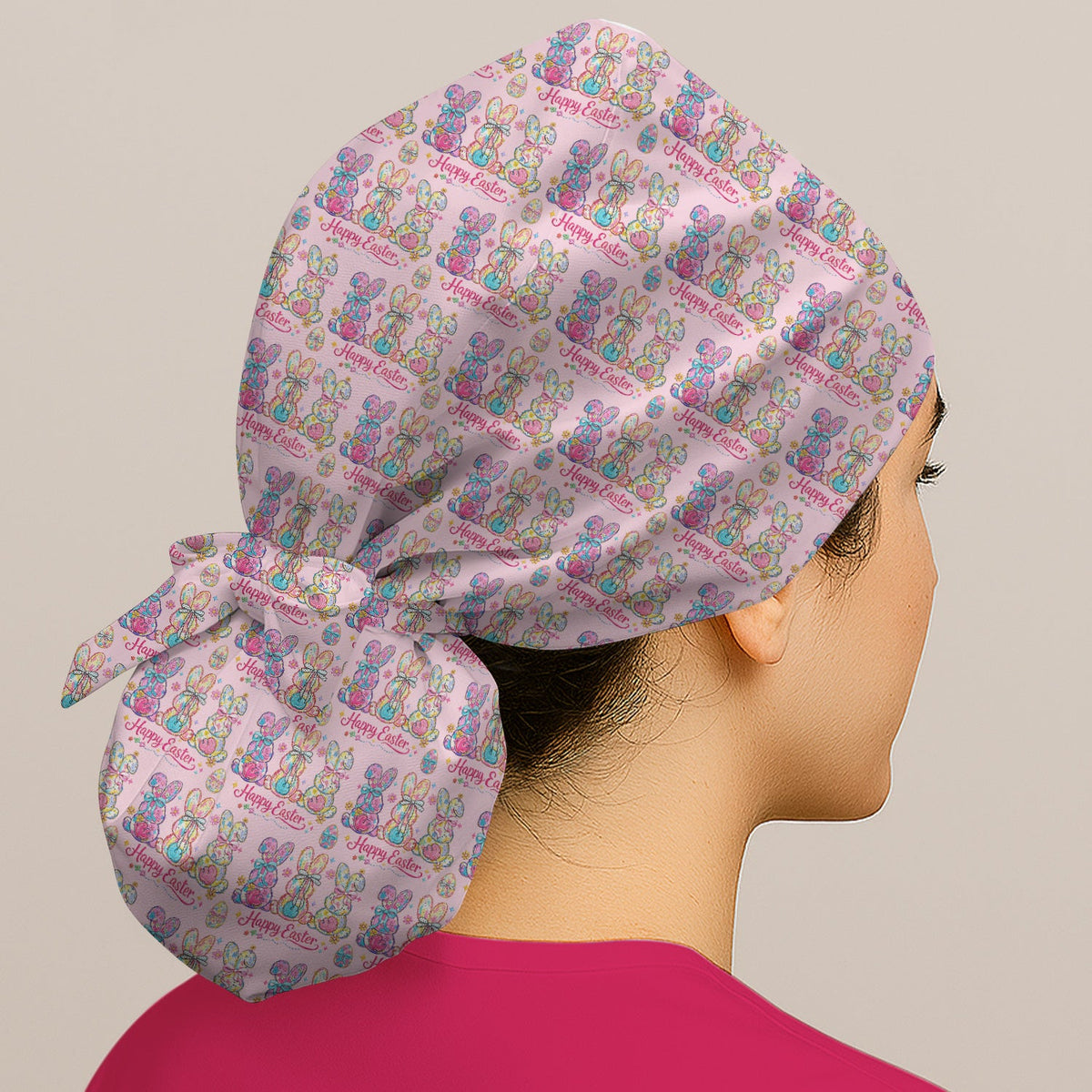 Pink Happy Easter Bunny Scrub Cap