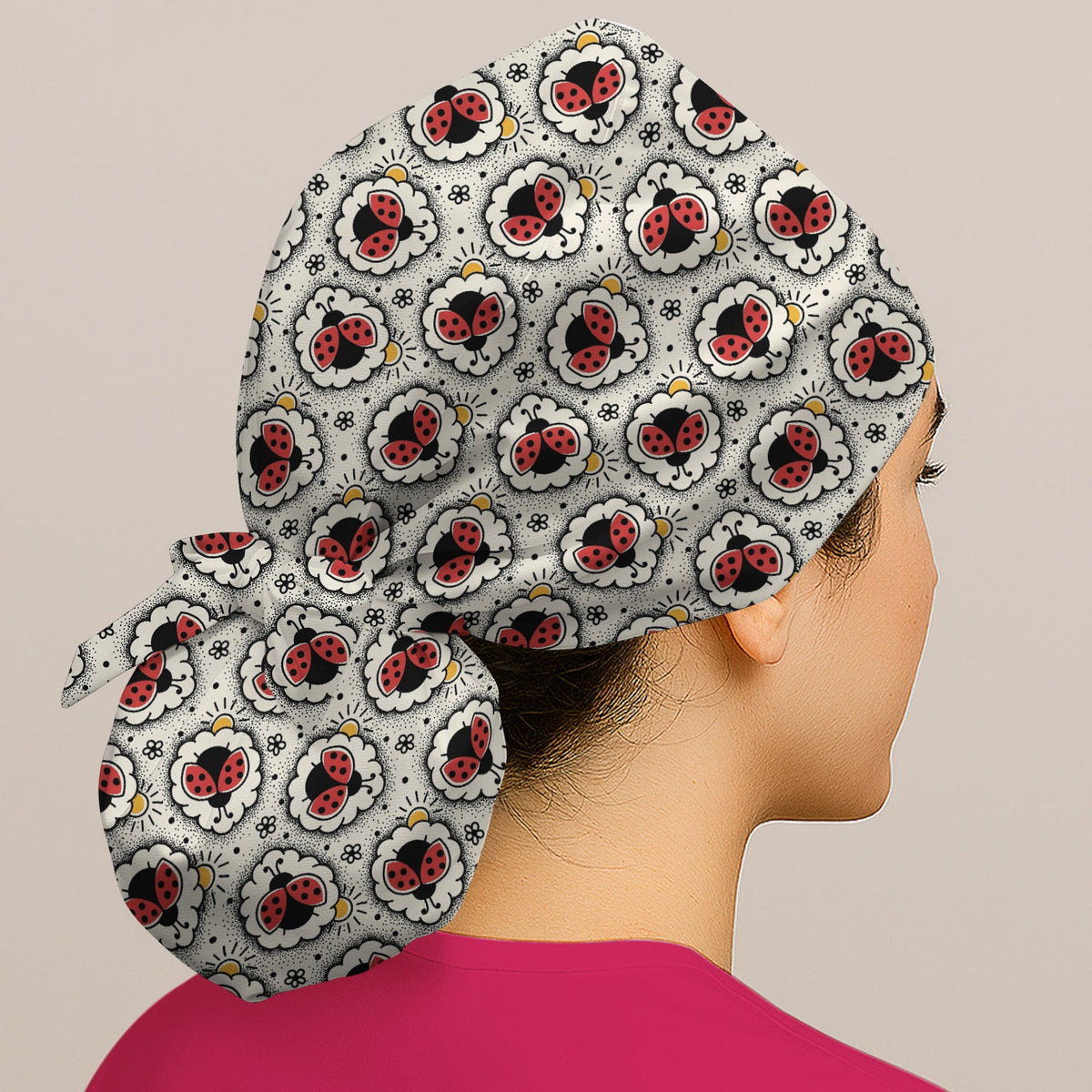 Ladybug Floral Frame Scrub Cap