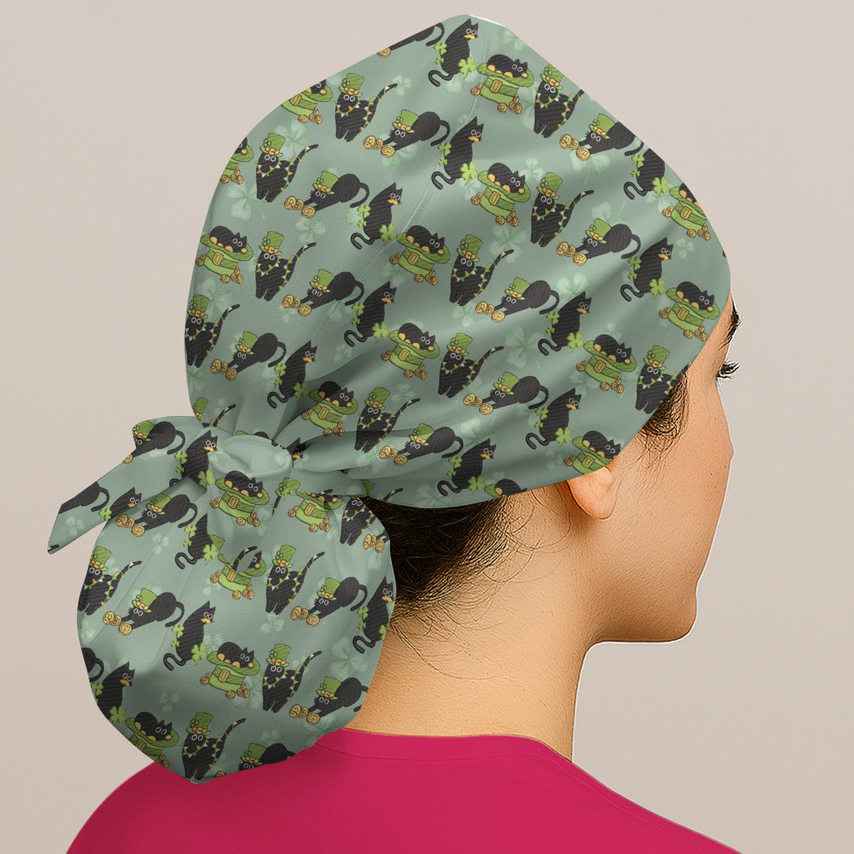 St Patrick Black Cat Clover Scrub Cap