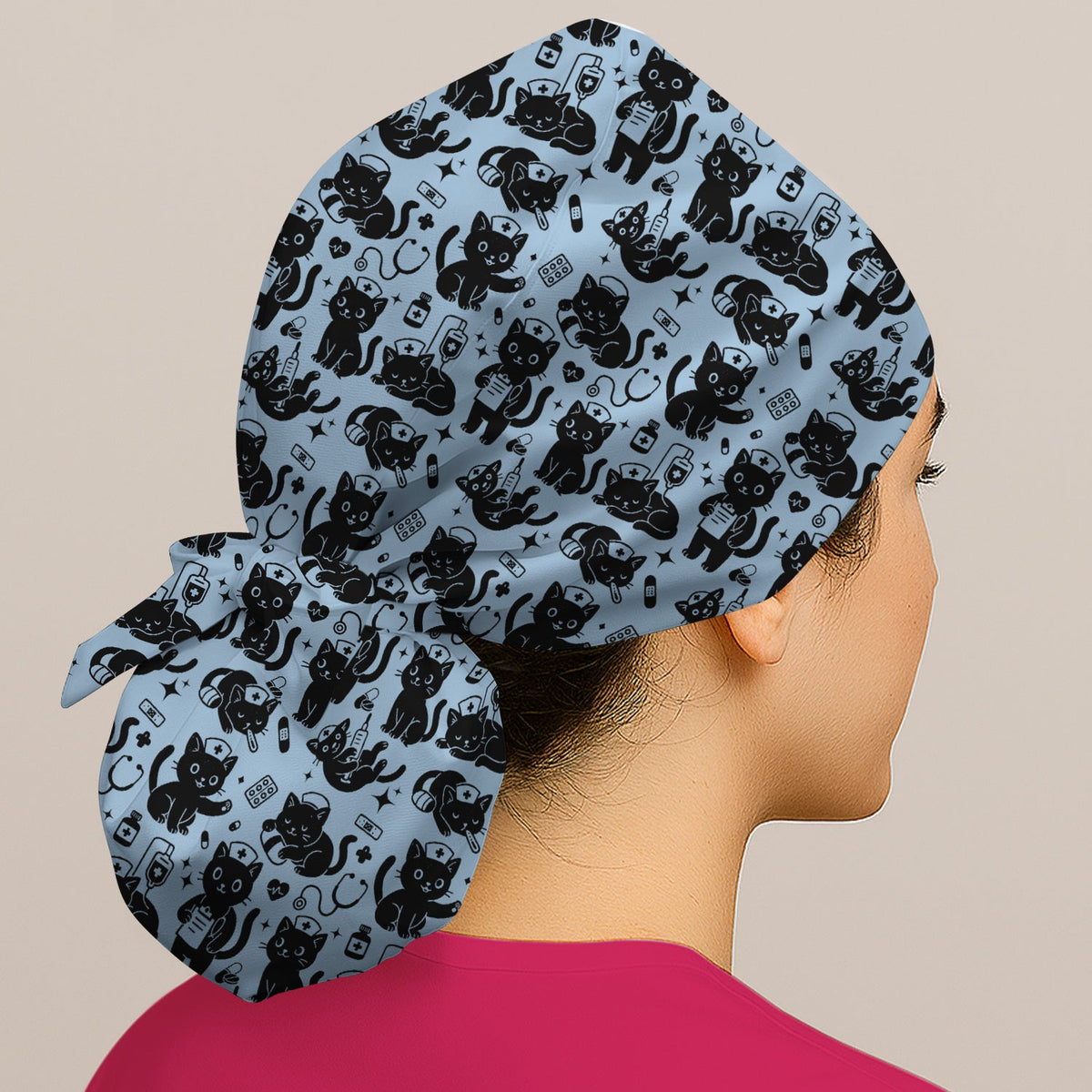 Cute White Black Cat Nurse Scrub Cap