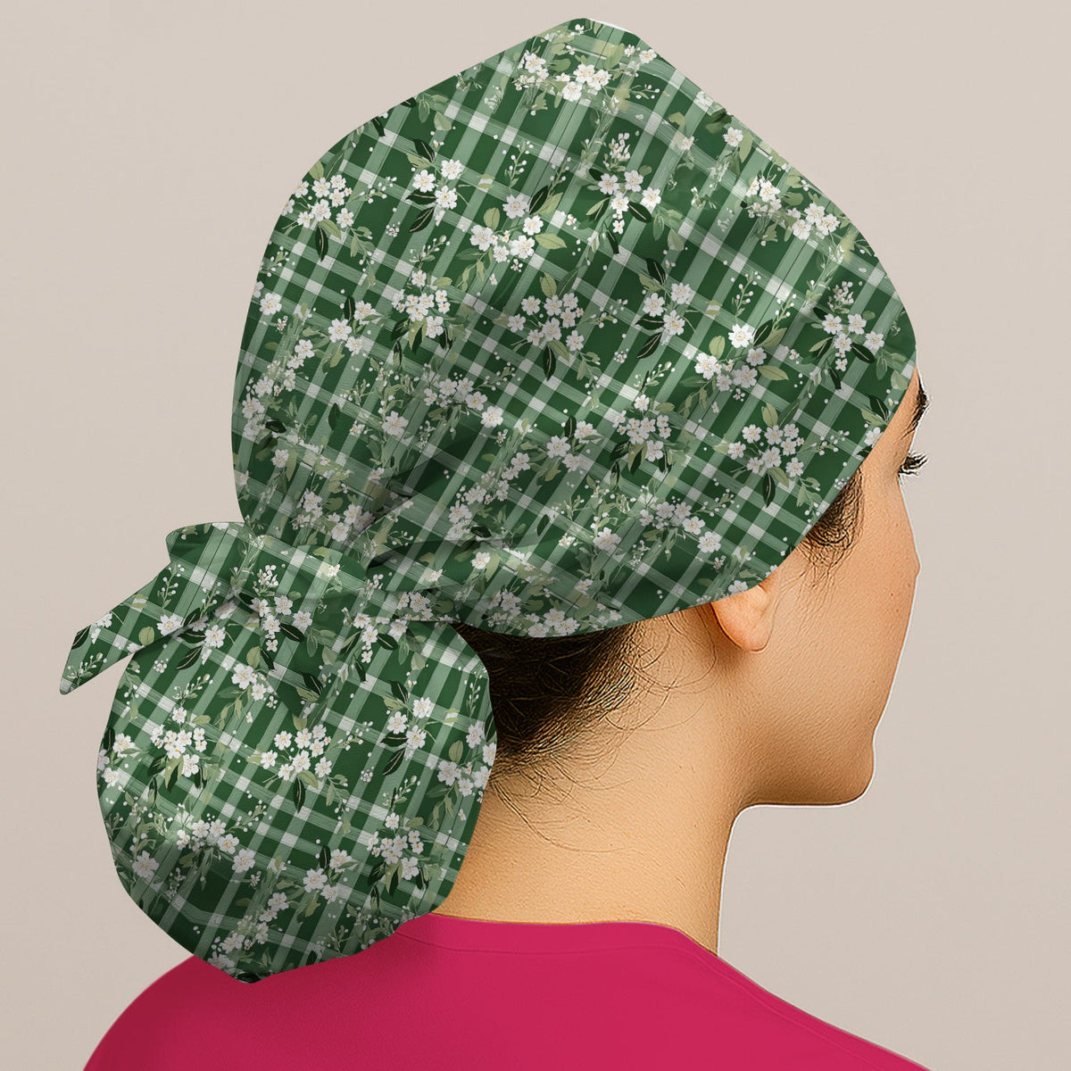 Green Gingham Floral Scrub Cap