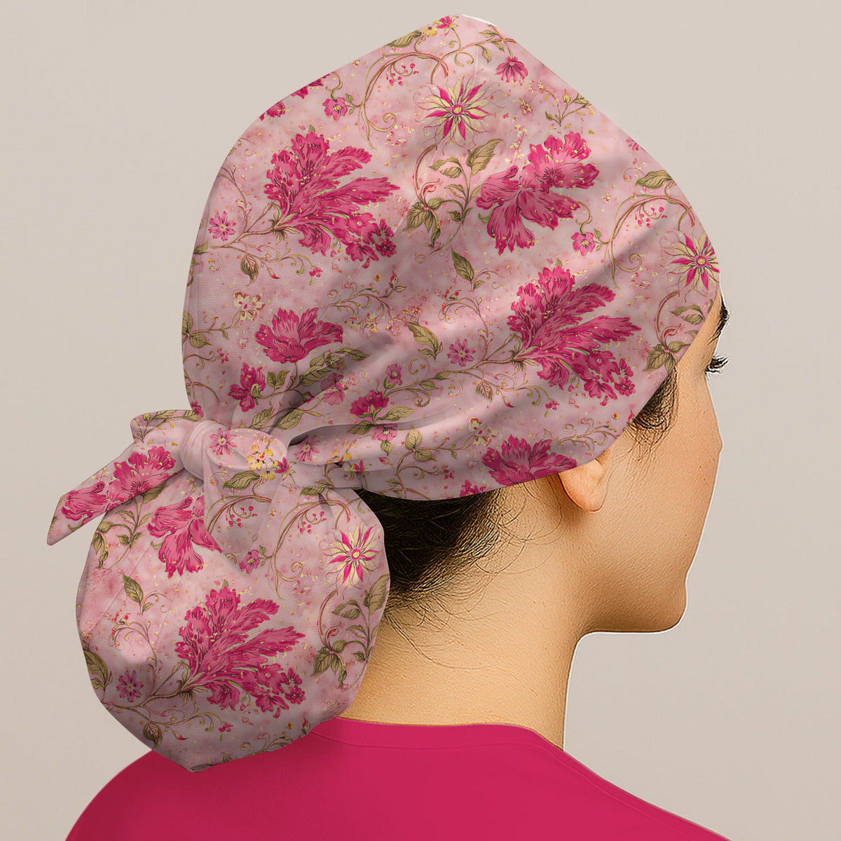 Elegant Pink Floral Vine Scrub Cap