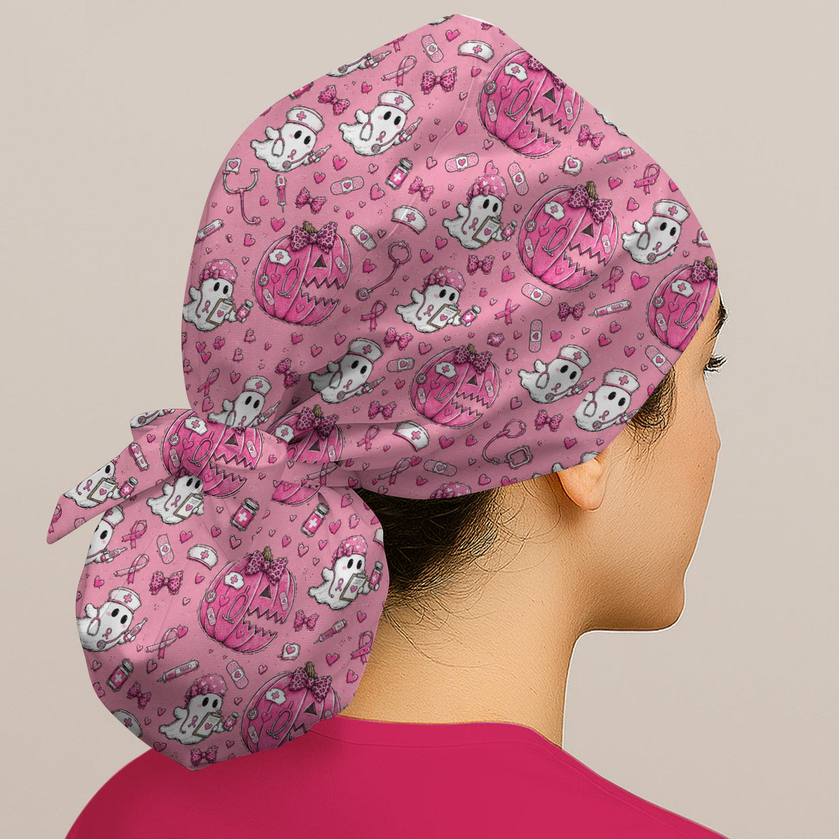 Pink Ribbon Ghost Pattern Scrub Cap