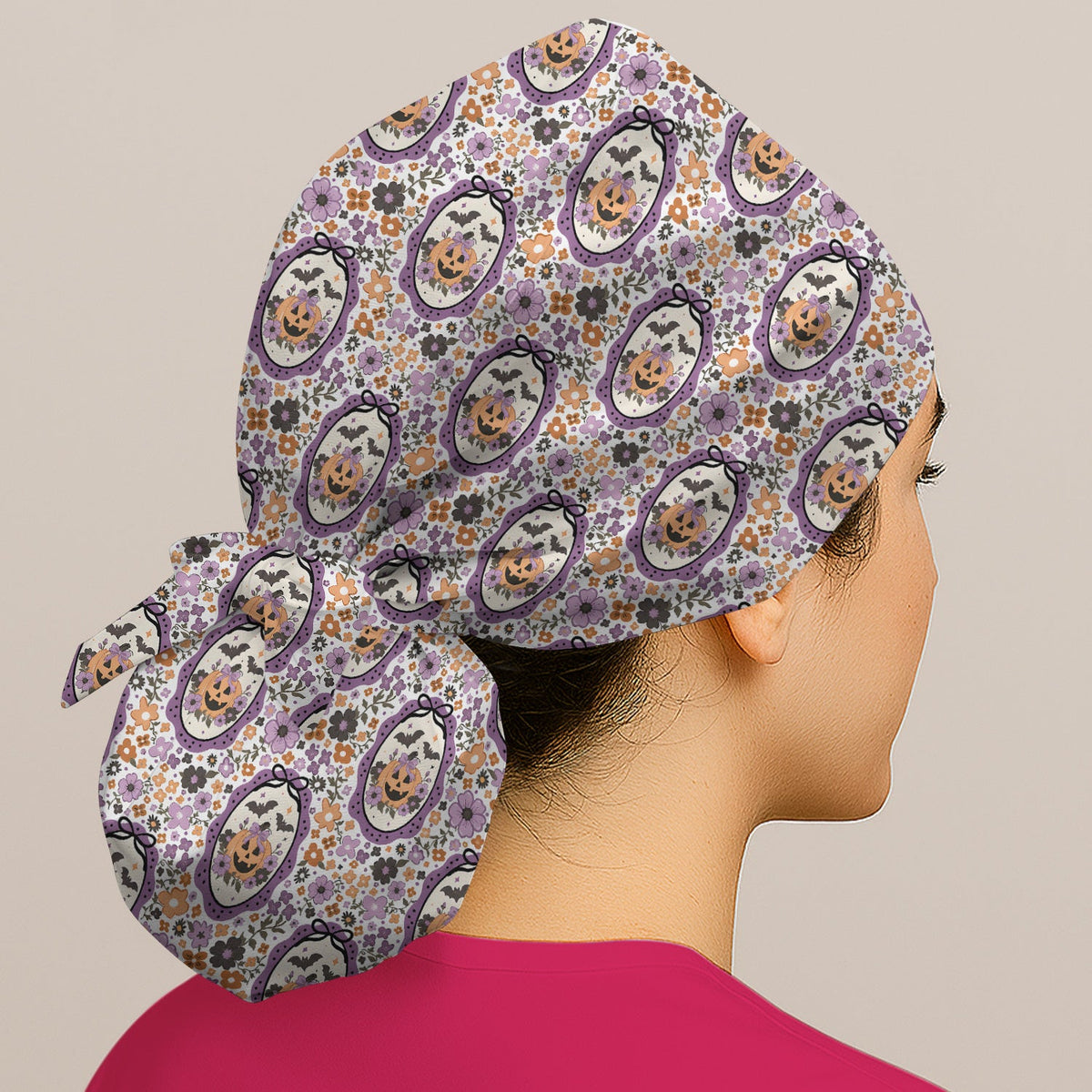 Pumpkin Floral Scrub Cap - Halloween Gift For Nurse