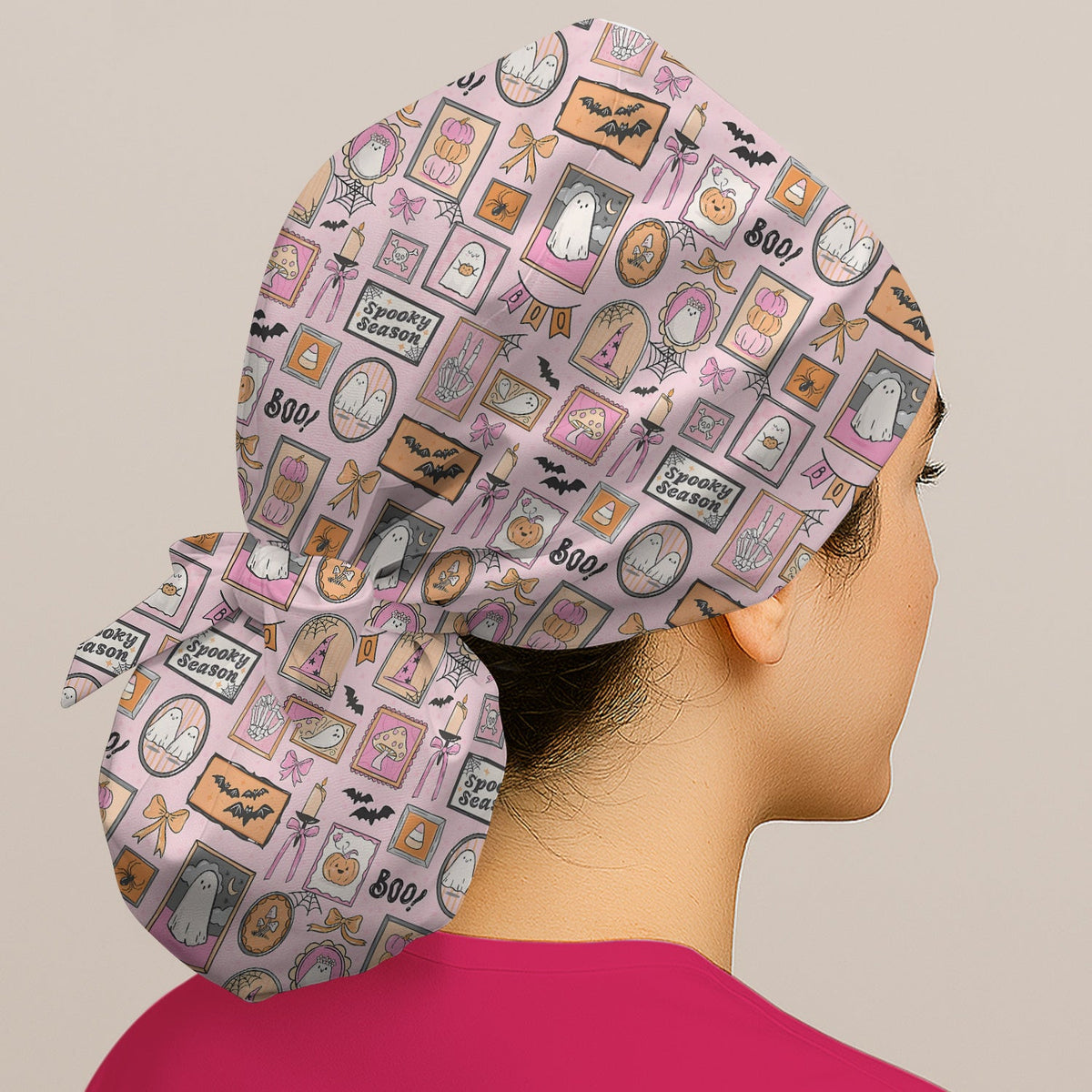 Pink Halloween Ghost Gallery Scrub Cap