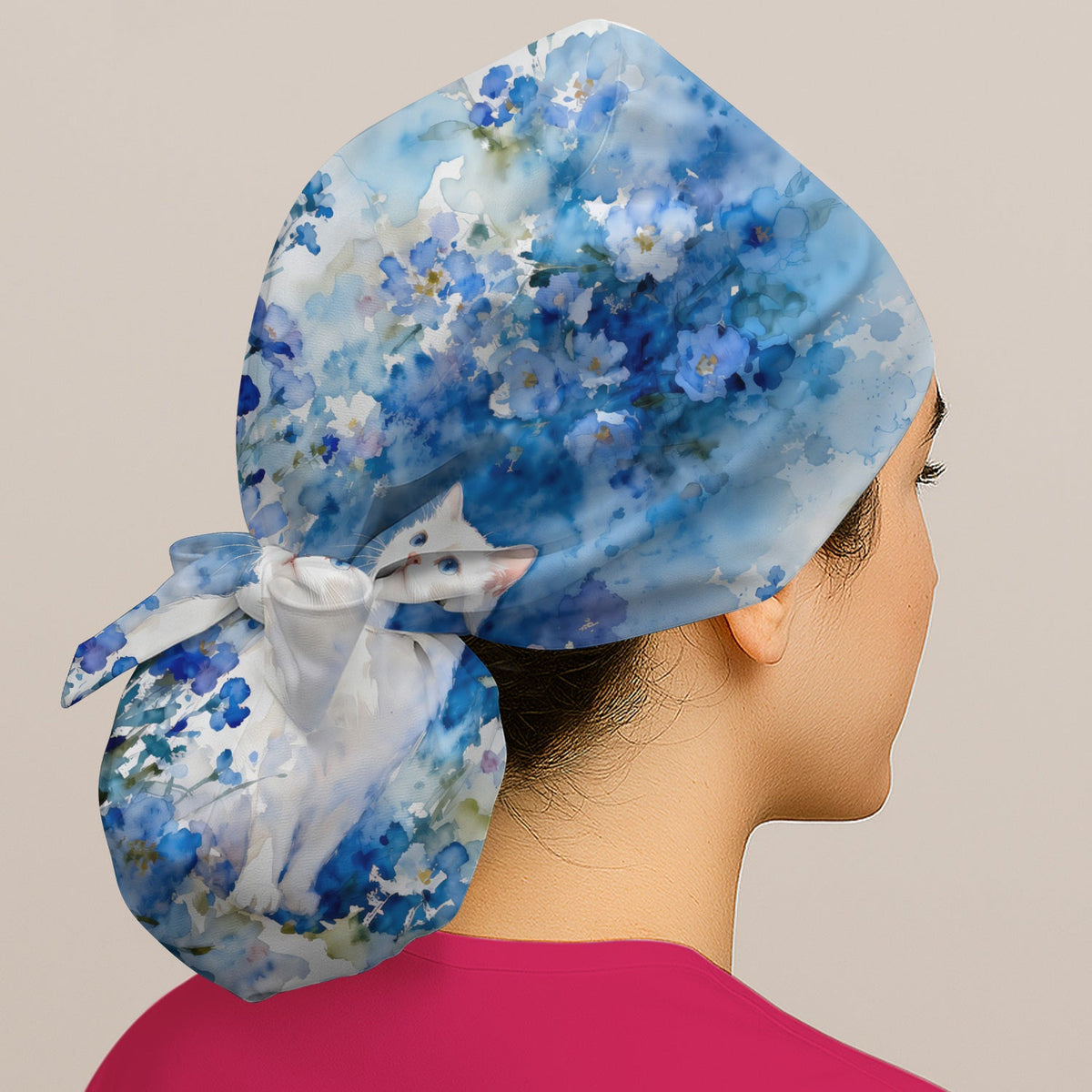 Adorable Blue Floral White Cat Scrub Cap