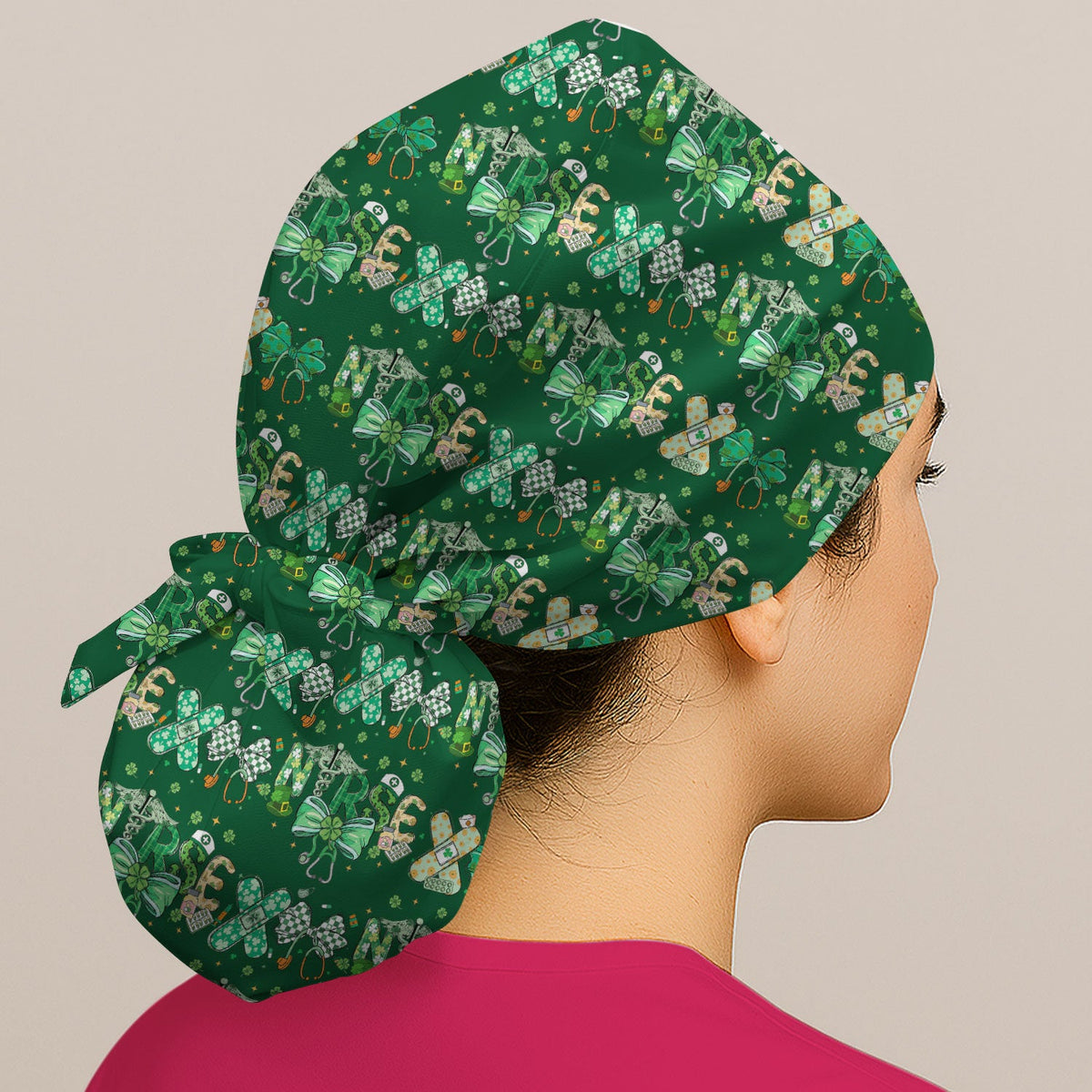 St Patrick Clover Green Bow Scrub Cap