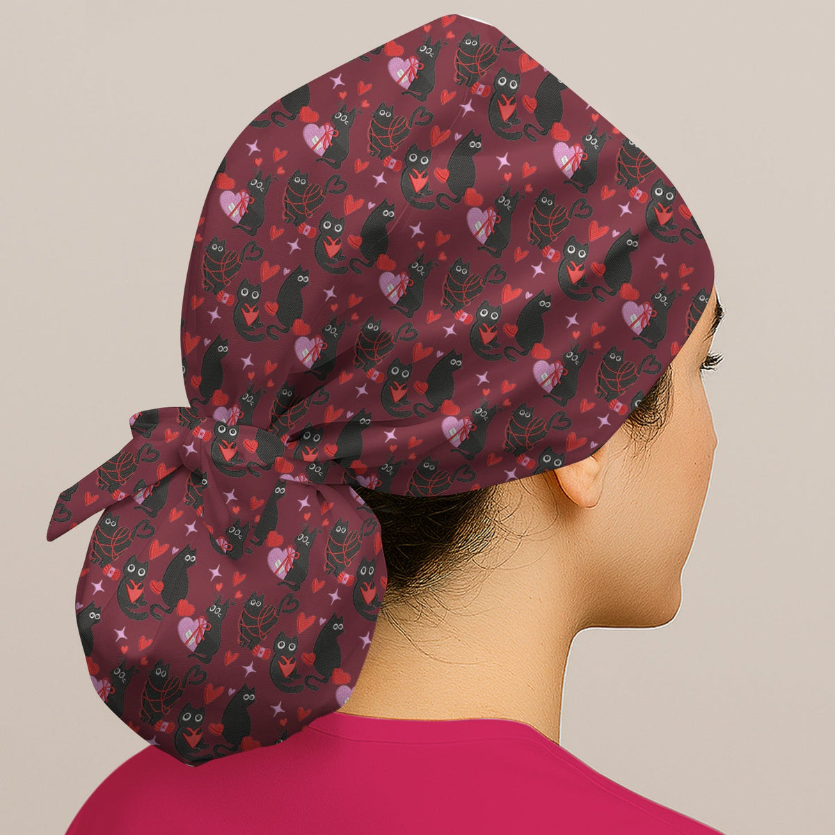 Valentine's Day Black Cat Heart Scrub Cap