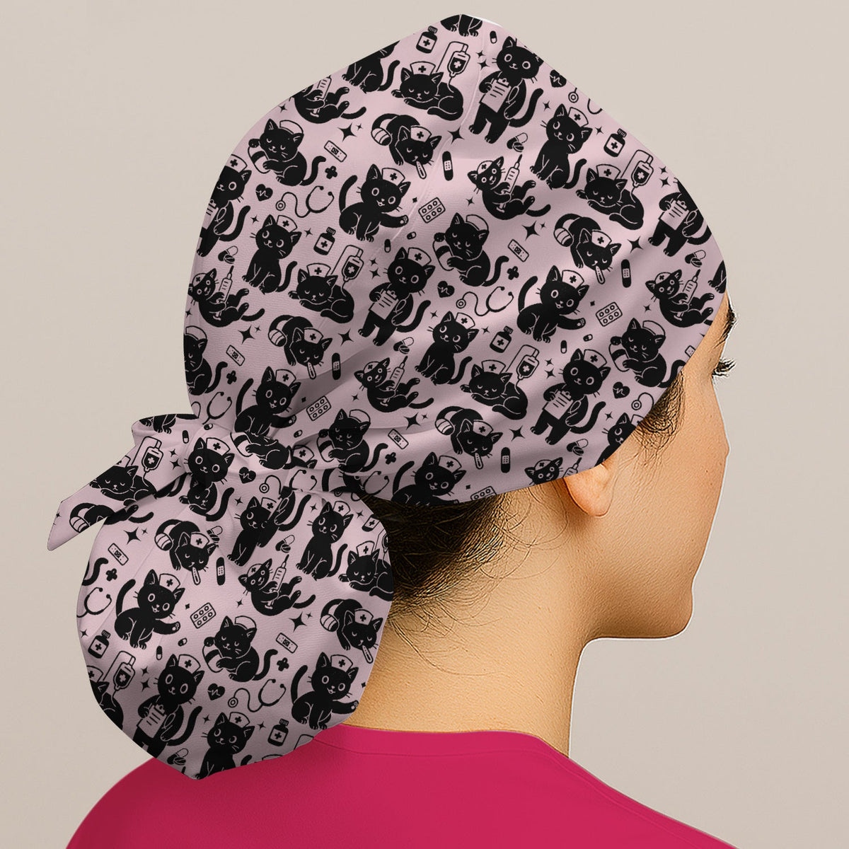 Cute White Black Cat Nurse Scrub Cap