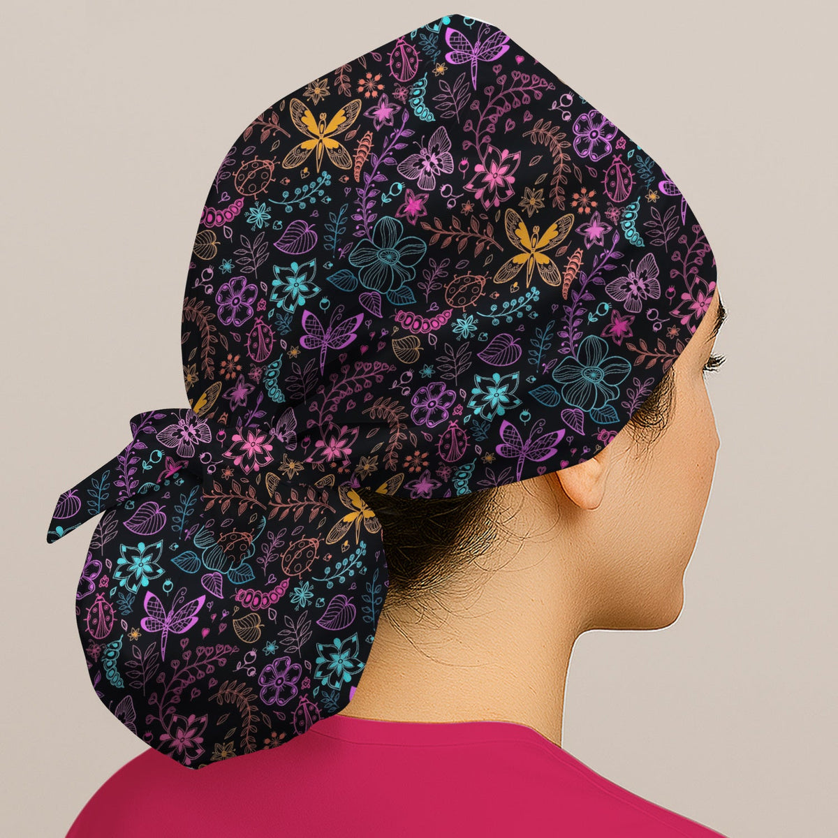 Neon Butterfly Floral Garden Scrub Cap