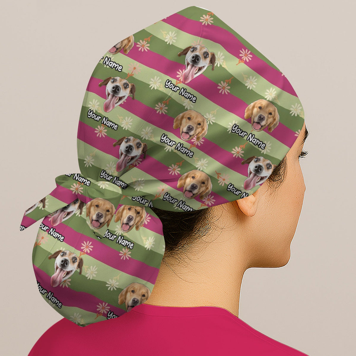 Personalized Dog Photo Spring Stripes Scrub Cap