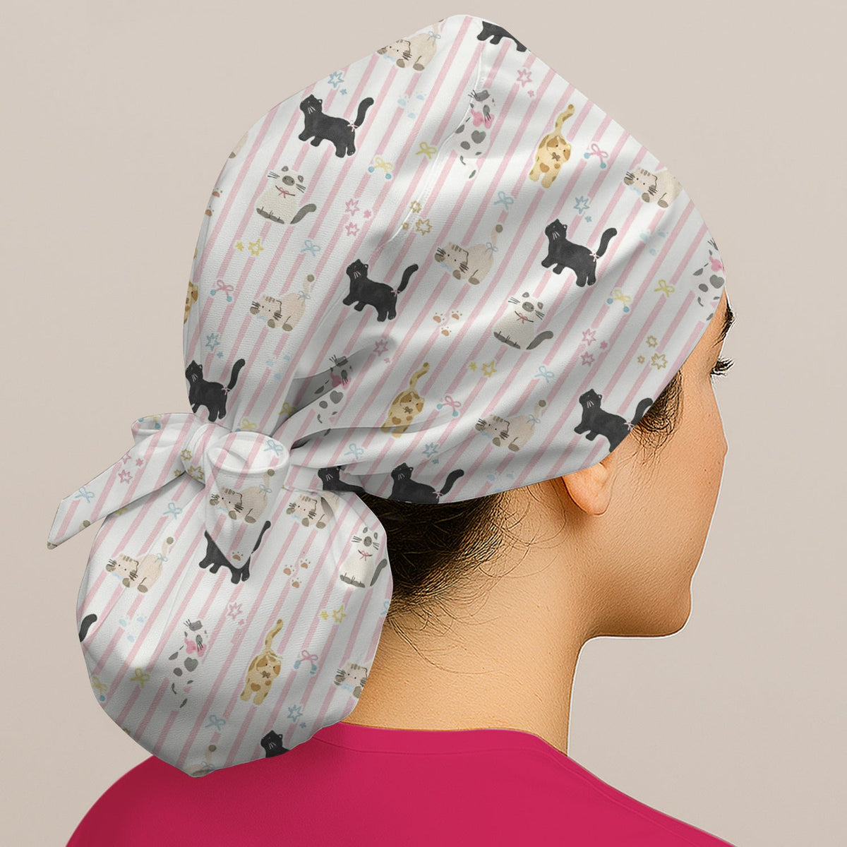 Playful Cat Stripe Ribbon Scrub Cap
