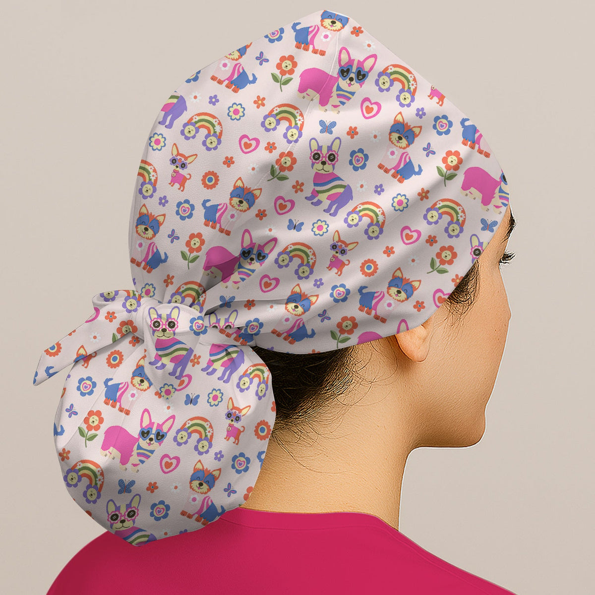 Colorful Cartoon Dogs Rainbow Flowers Scrub Cap