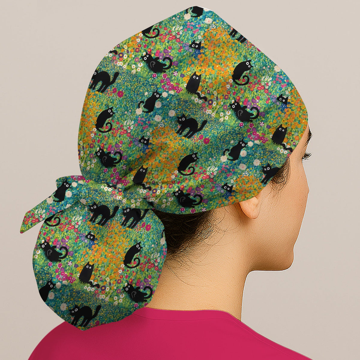 Black Cat Flower Garden Scrub Cap
