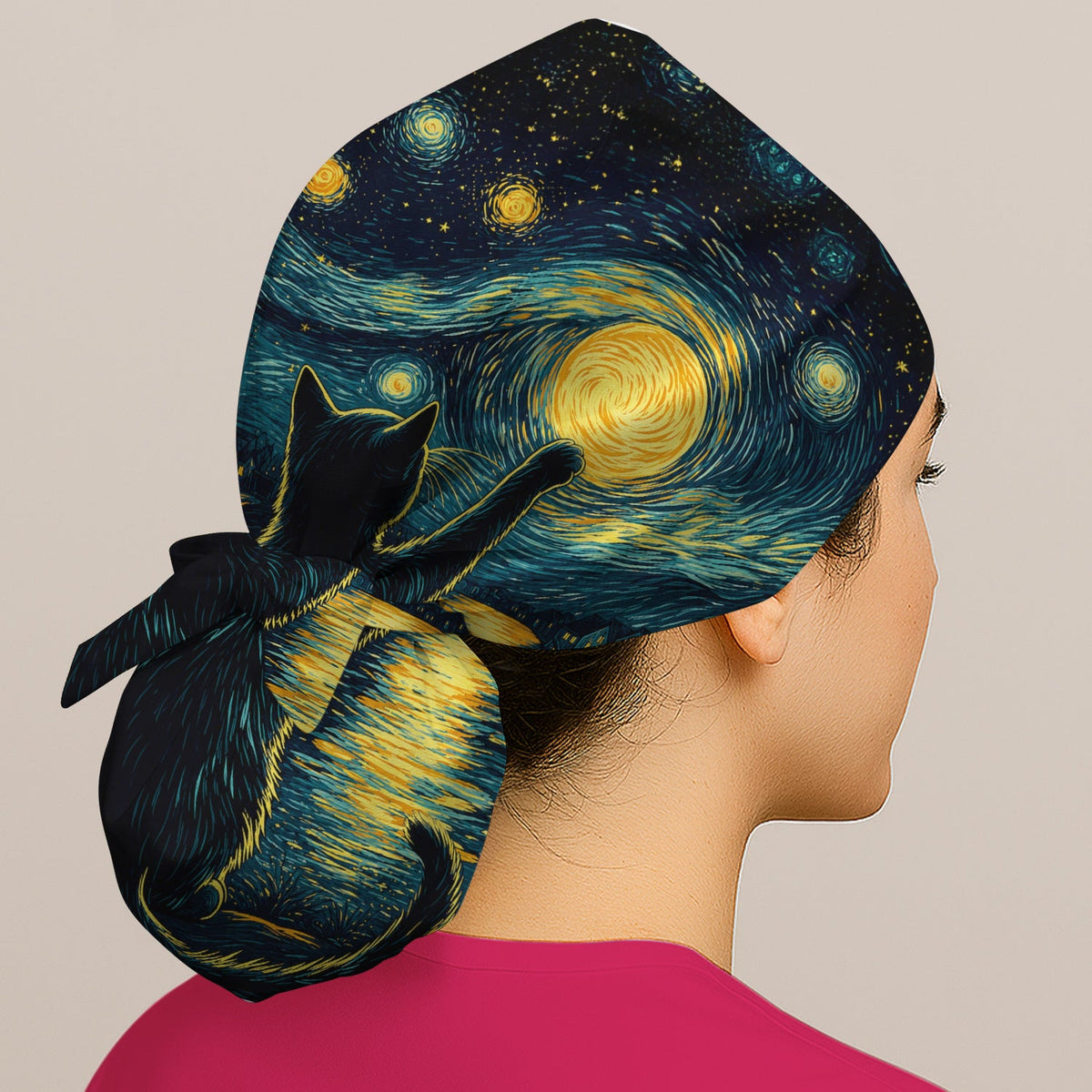 Starry Moonlit Black Cat Scrub Cap