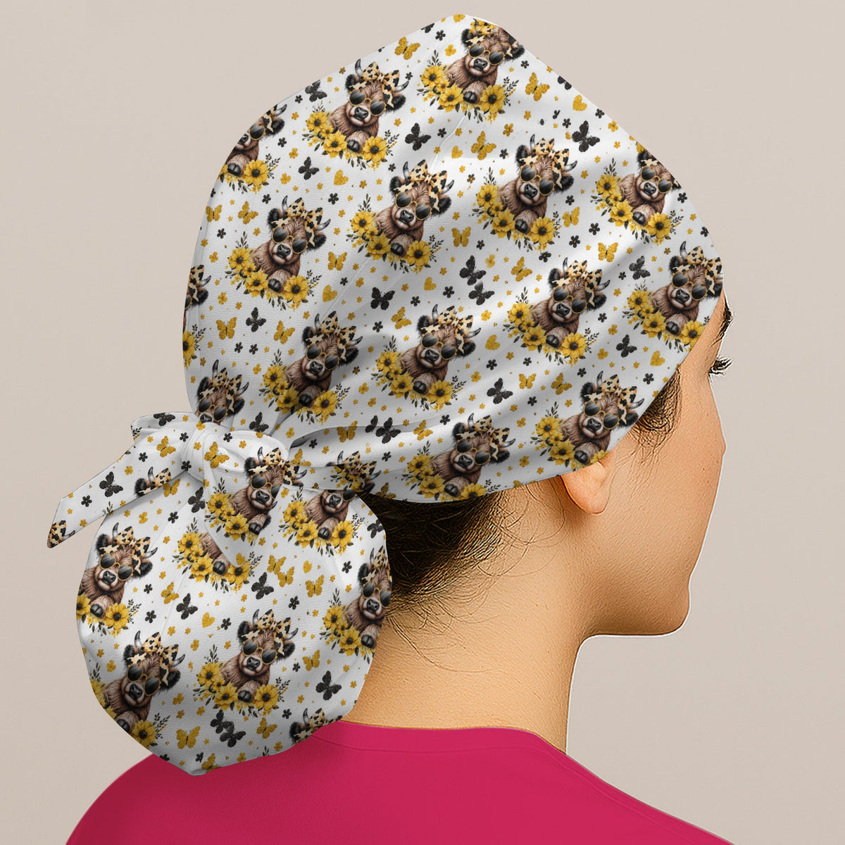 Cow Sunflower Bow Scrub Cap