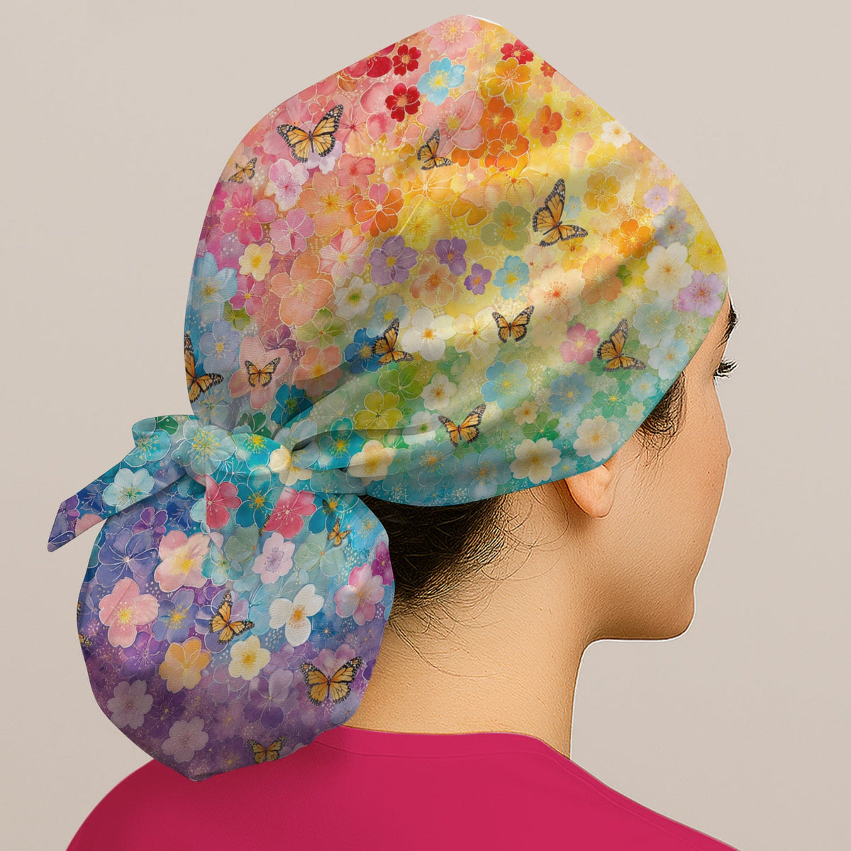 Rainbow Butterfly Floral Blossom Scrub Cap