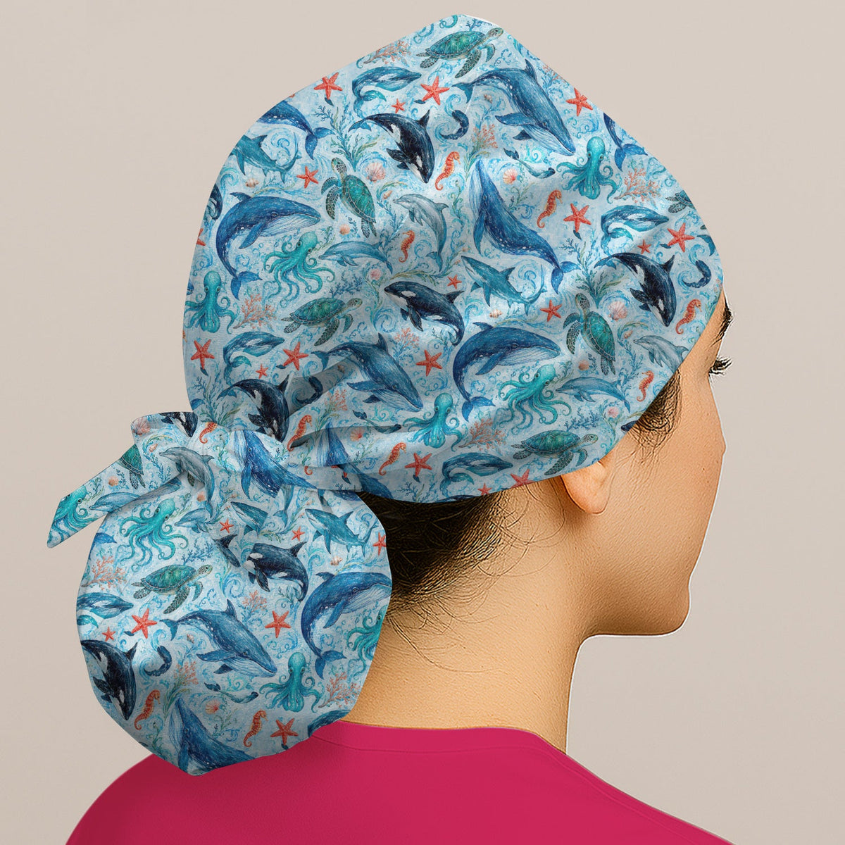 Watercolor Ocean Wildlife Scene Scrub Cap