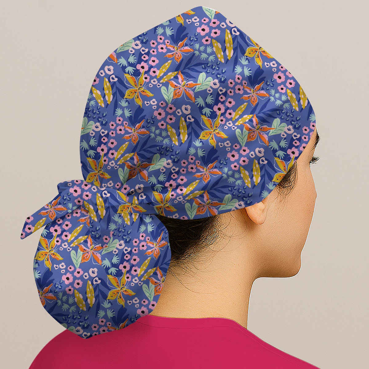 Blue Lily Floral Garden Nurse Scrub Cap