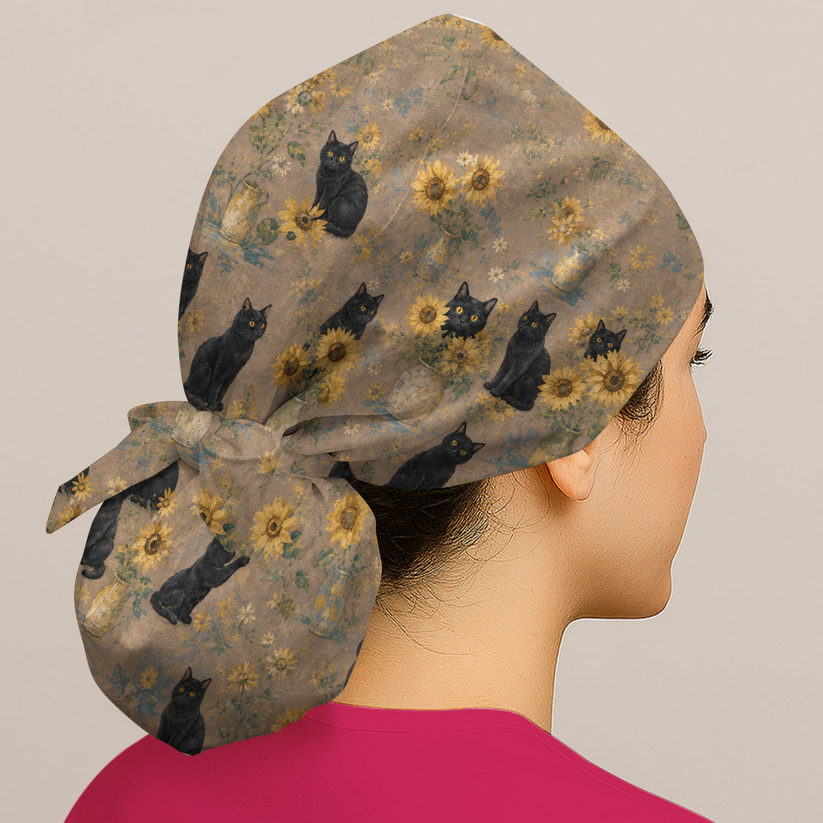 Rustic Sunflower Black Cat Scrub Cap