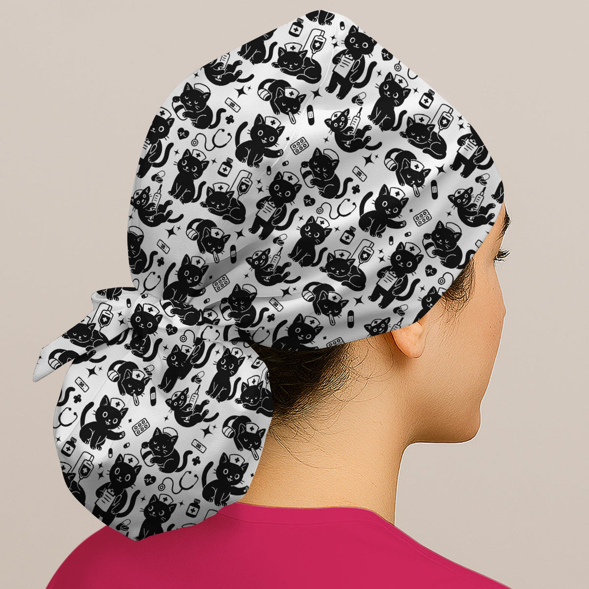 Cute White Black Cat Nurse Scrub Cap