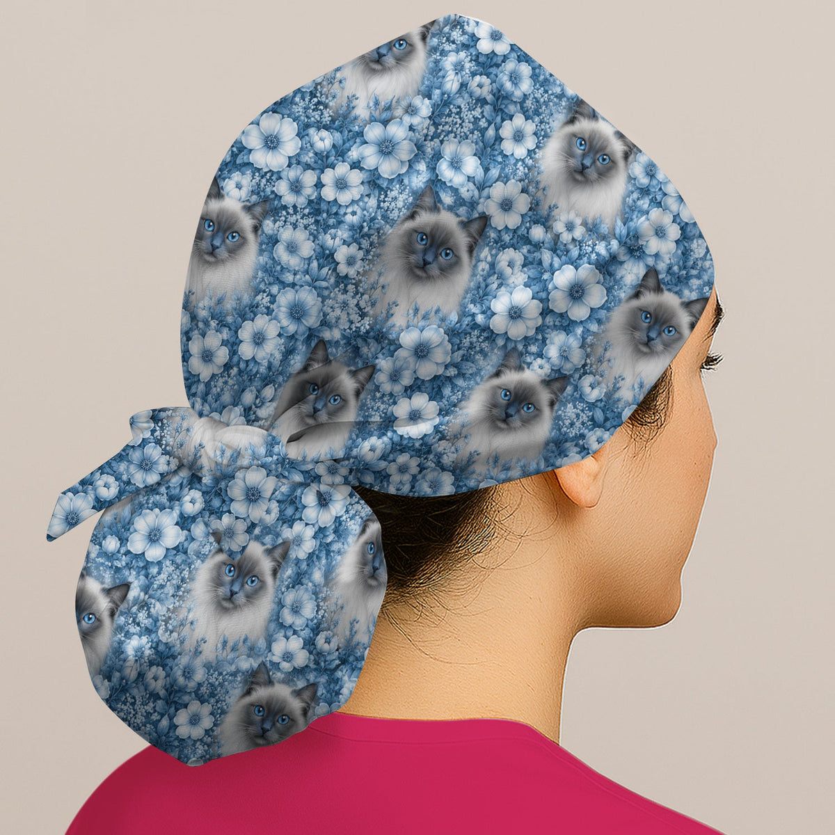 Blue Floral Ragdoll Cat Scrub Cap