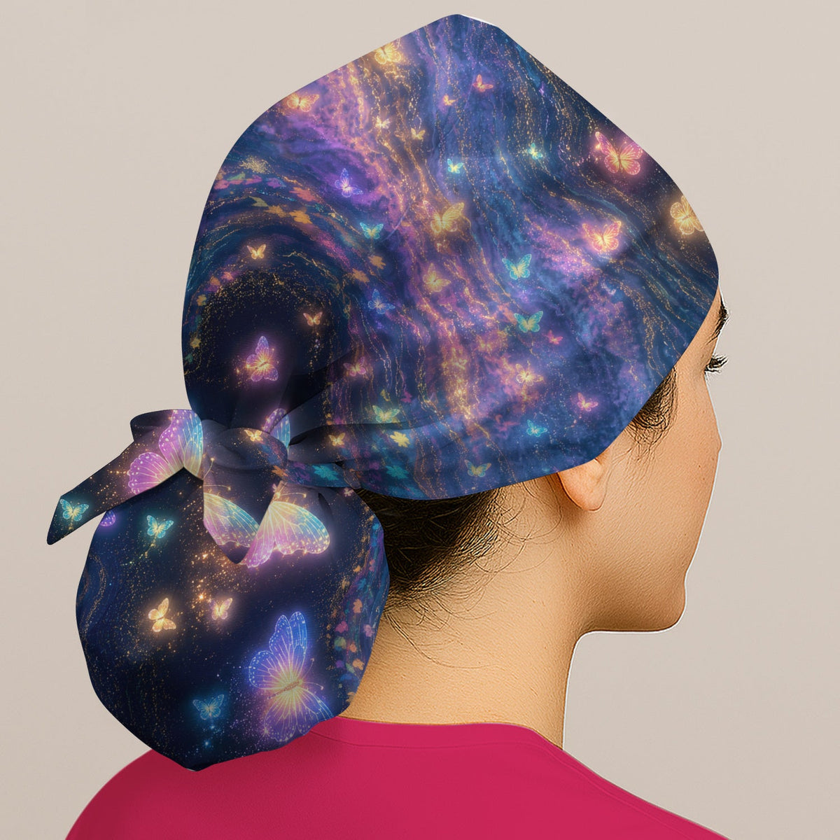 Neon Butterfly Galaxy Marble Scrub Cap