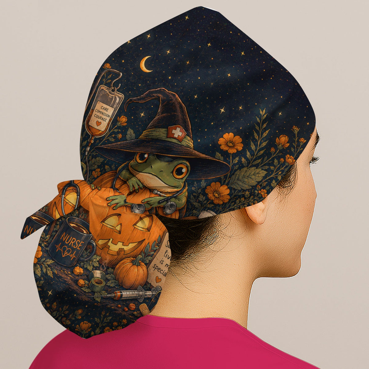 Witch Frog Pumpkin Scrub Cap - Halloween Gift For Nurse