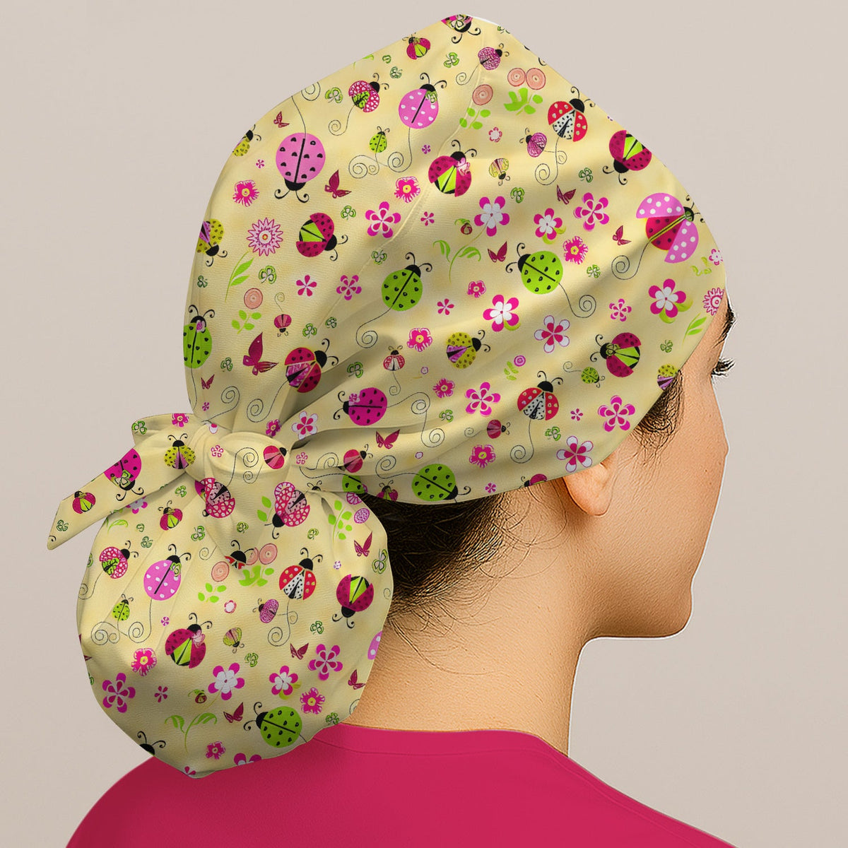 Yellow Ladybug Floral Garden Scrub Cap