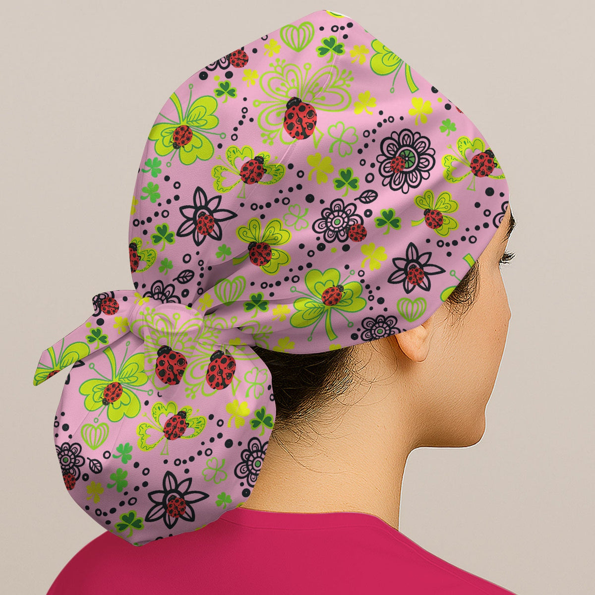 Ladybug Clover Floral Scrub Cap