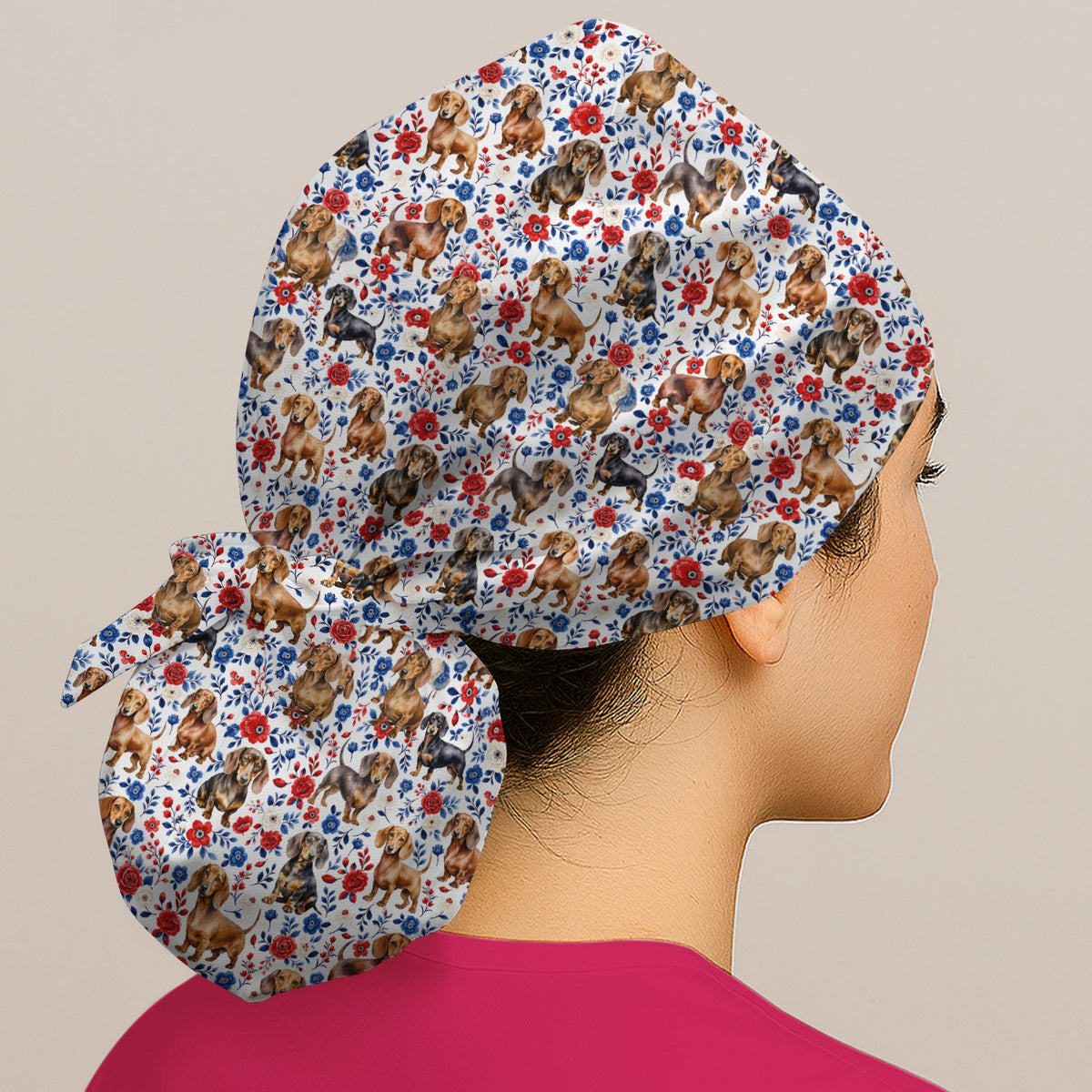 Floral Dachshund Nurse Scrub Cap