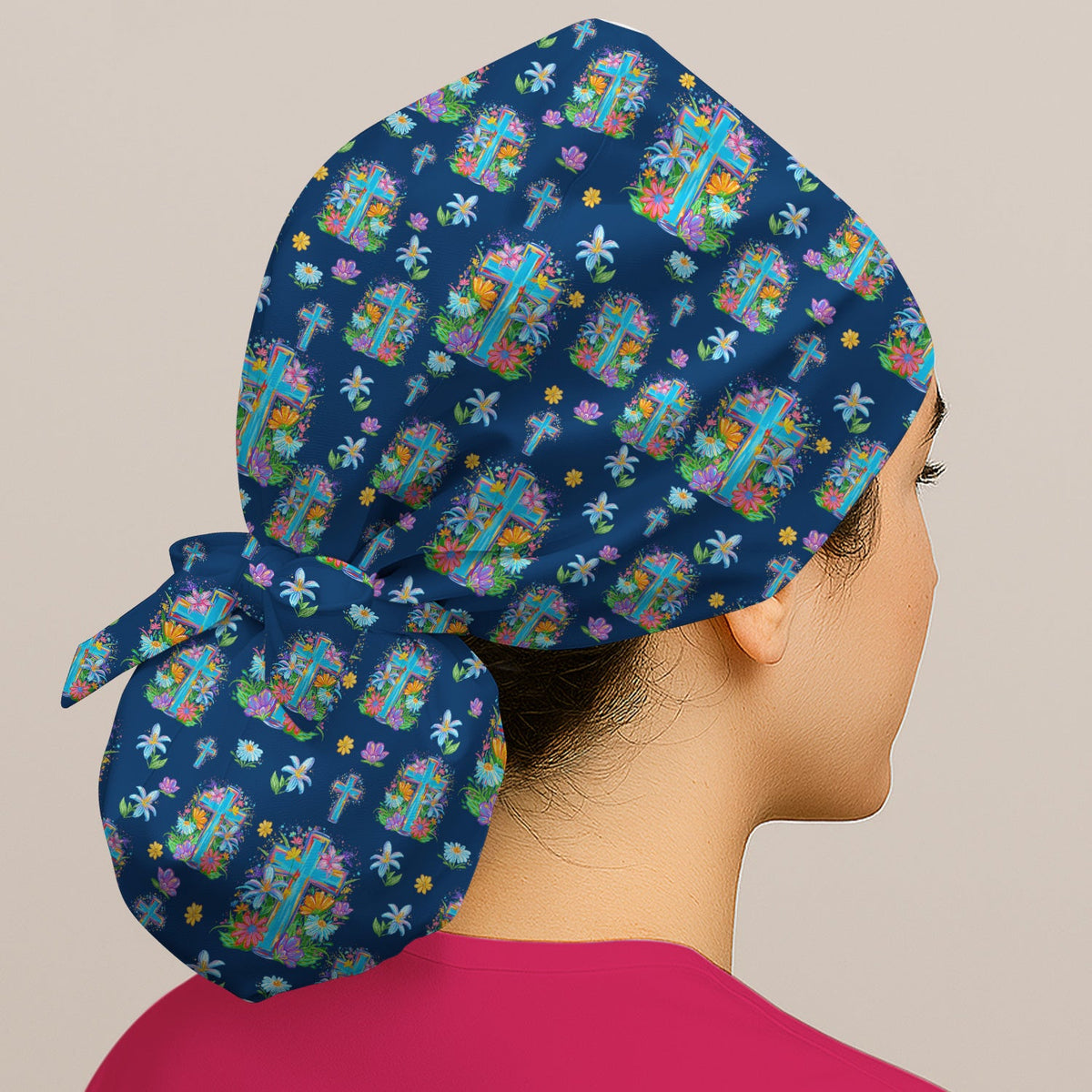 Christian Floral Cross Spring Scrub Cap