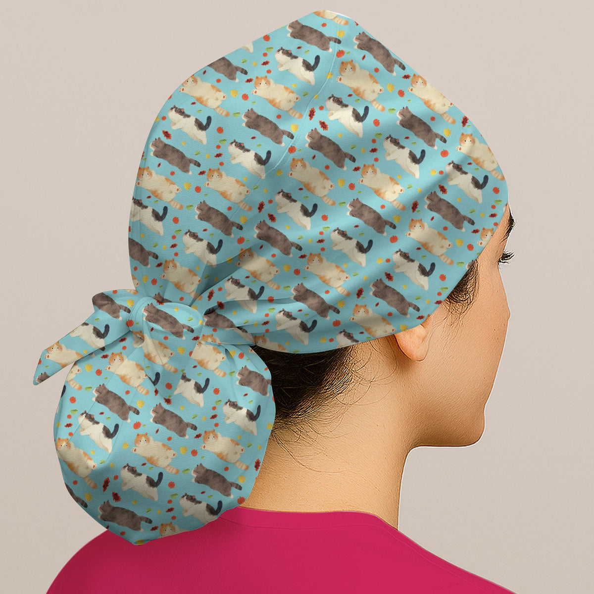 Chubby Cat Autumn Leaves Scrub Cap
