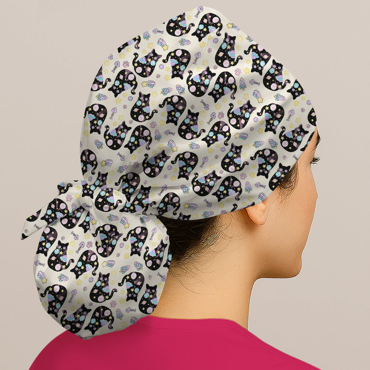 Galaxy Black Cat Space Scrub Cap