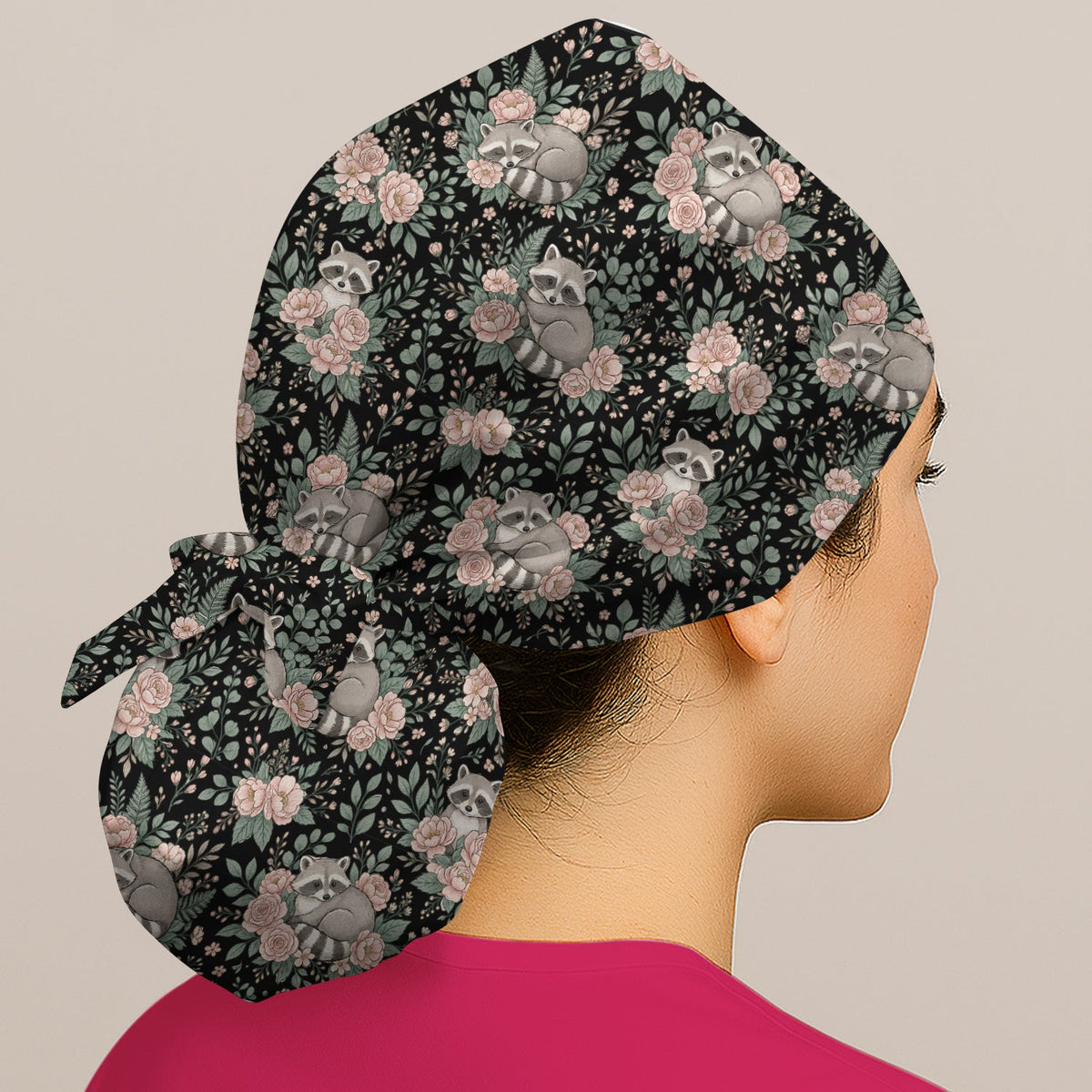 Sleeping Raccoon Rose Garden Scrub Cap