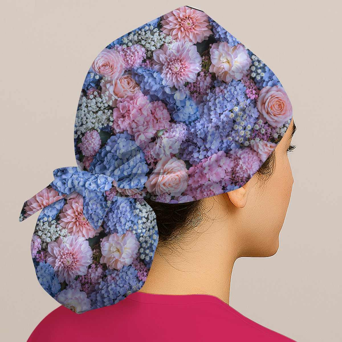 Pastel Hydrangea Rose Blossom Scrub Cap