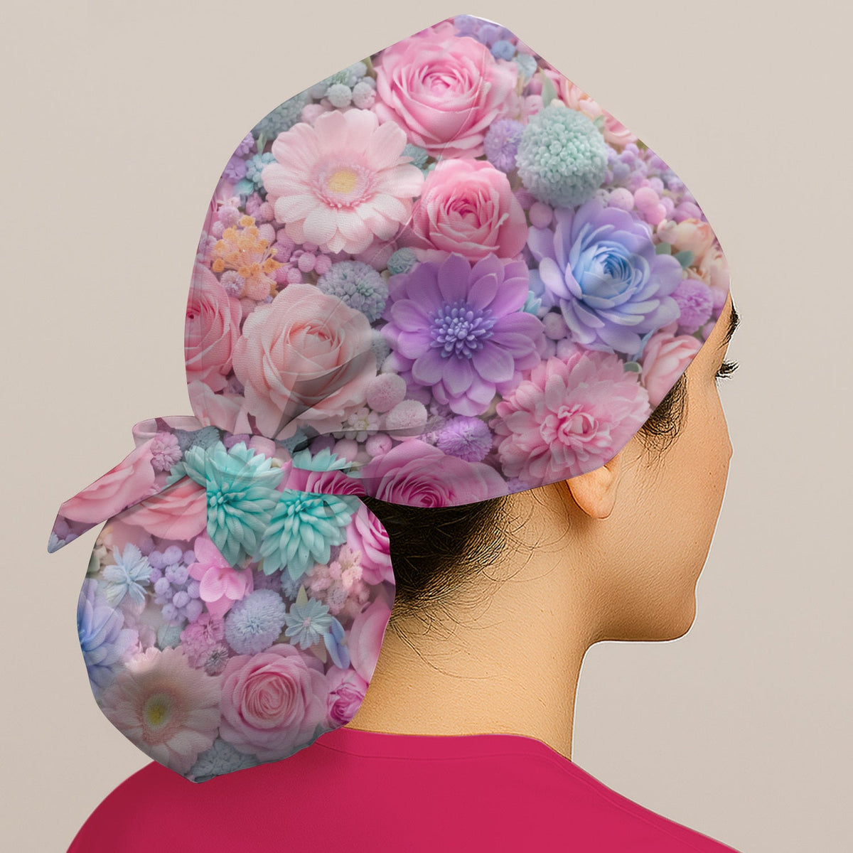 Pastel Floral Pink Rose Nurse Scrub Cap