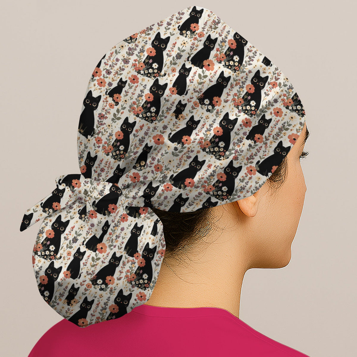 Cute Black Cat Wildflower Scrub Cap