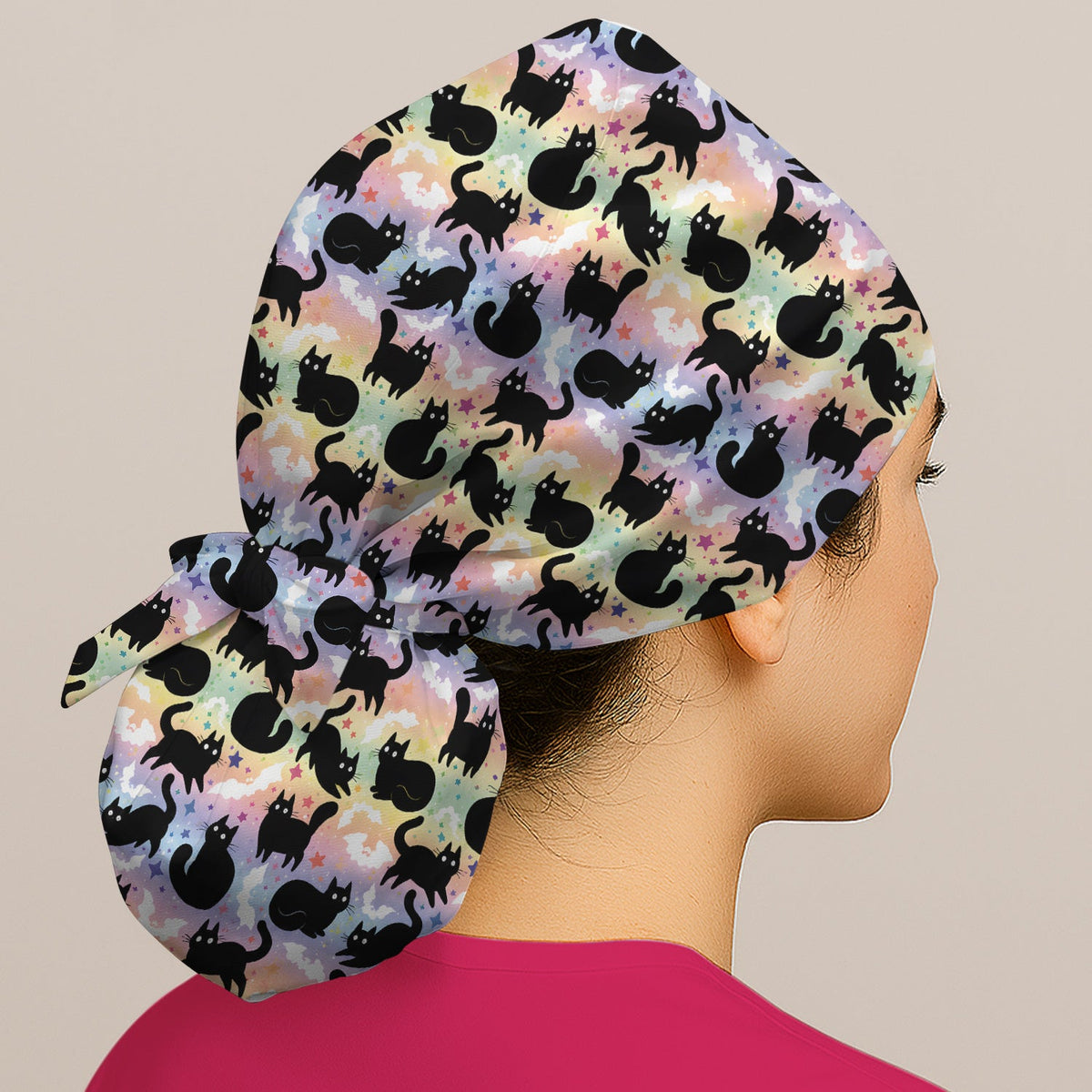 Pastel Star Black Cat Nurse Scrub Cap