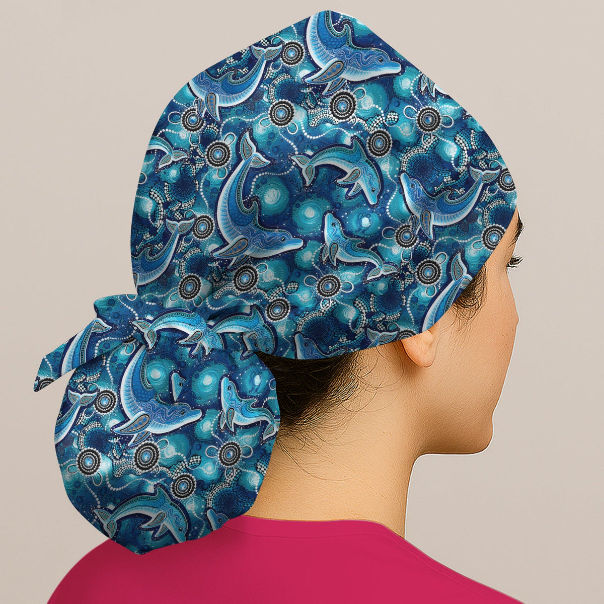 Ocean Dolphin Aboriginal Dot Nurse Scrub Cap