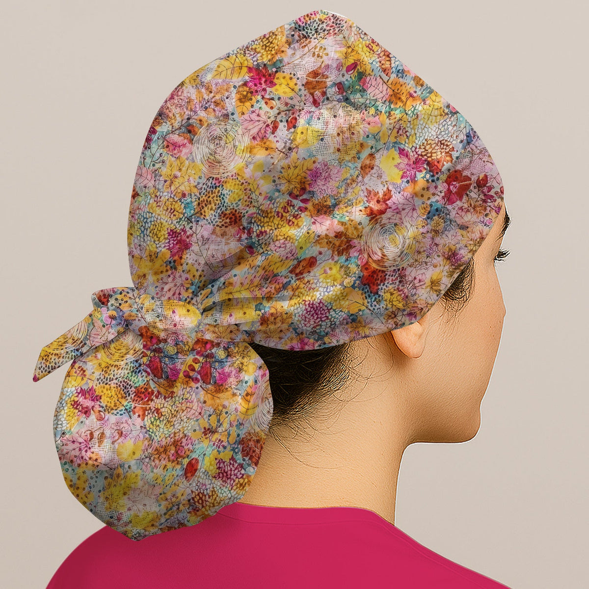 Autumn Floral Leaves Scrub Cap