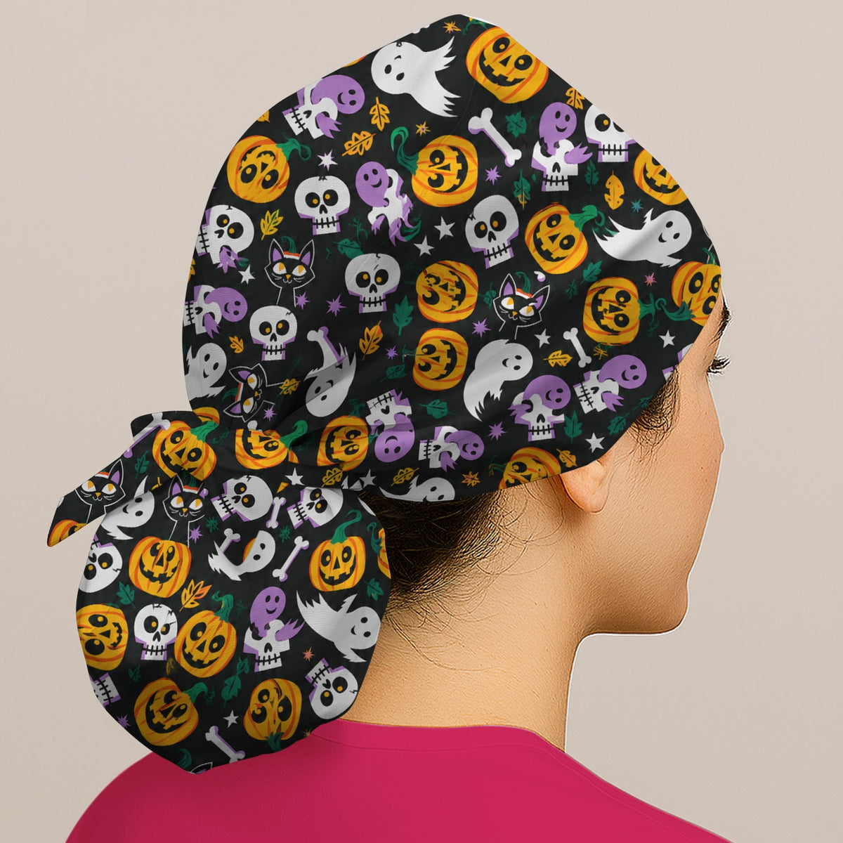 Spooky Pumpkin Ghost Print Scrub Cap