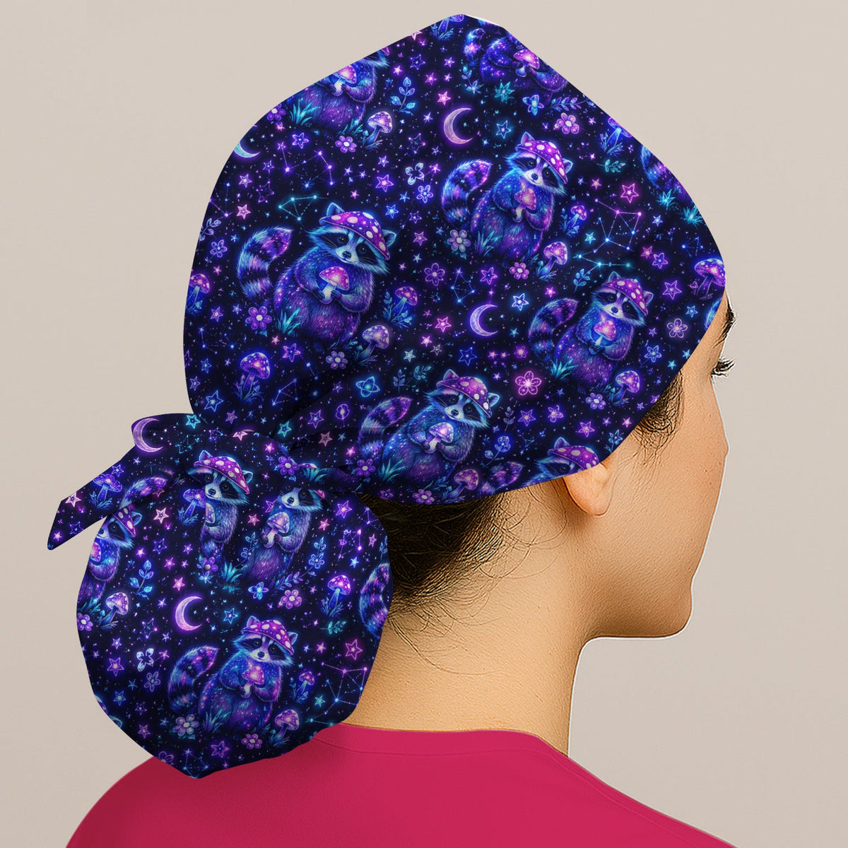 Neon Mushroom Raccoon Nurse Scrub Cap