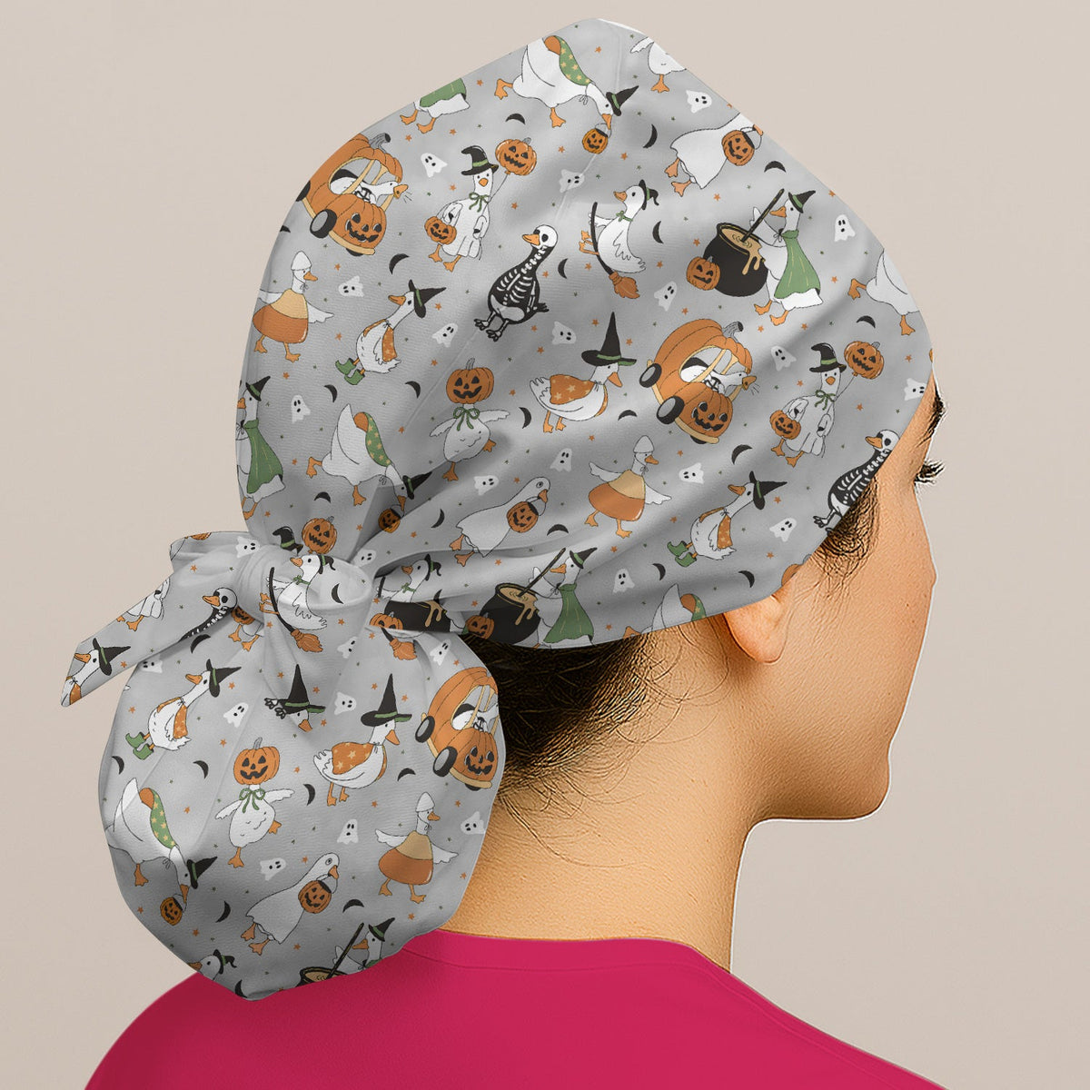 Goose Pumpkin Checkered Scrub Cap - Halloween Gift For Nurse