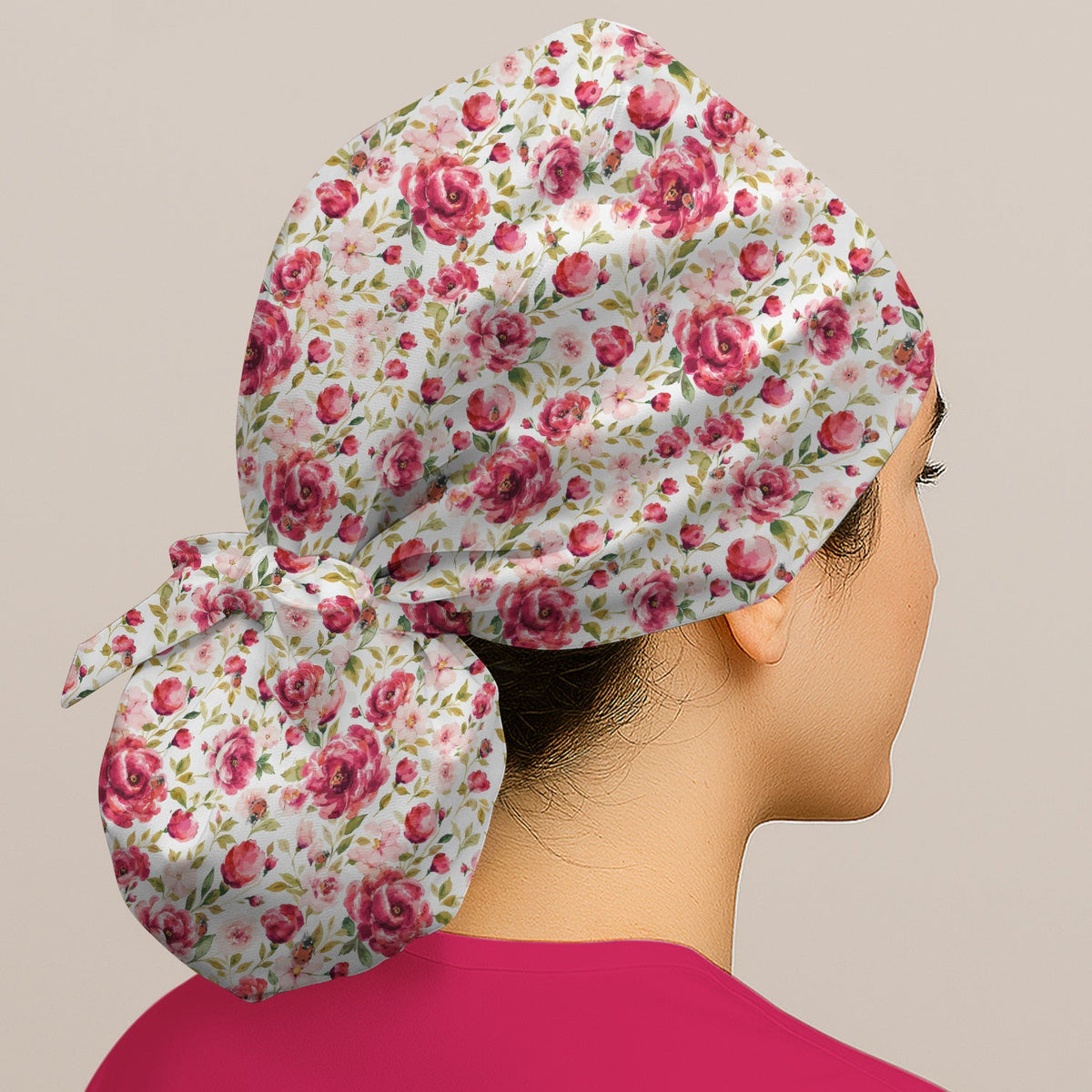 Pink Rose Ladybug Garden Scrub Cap