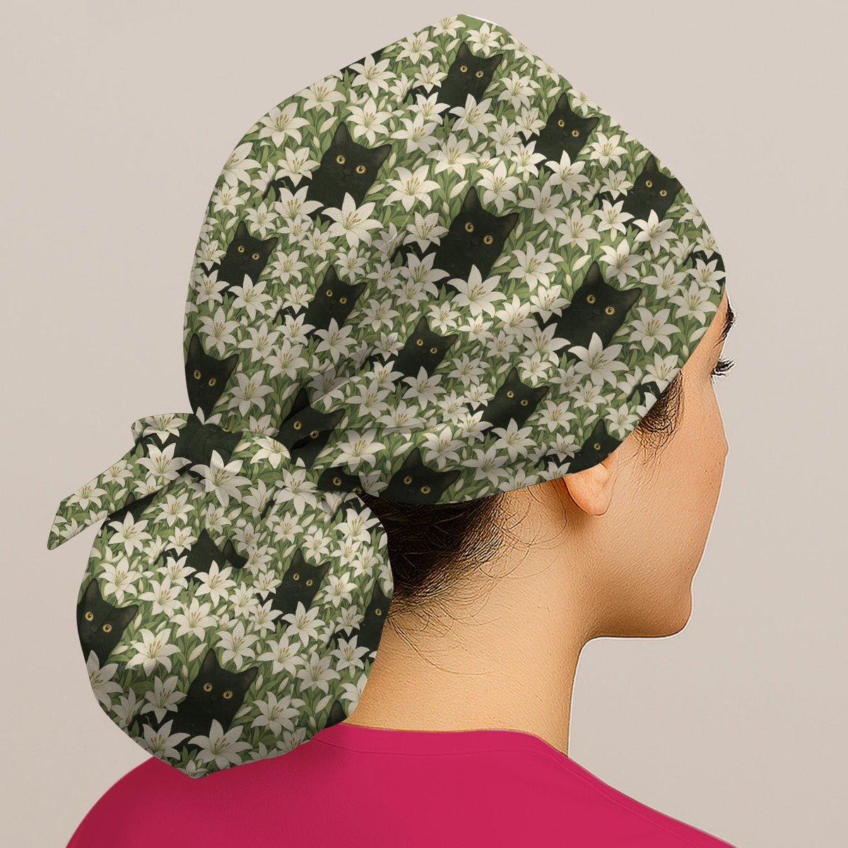 Black Cat Hidden In Lily Garden Scrub Cap