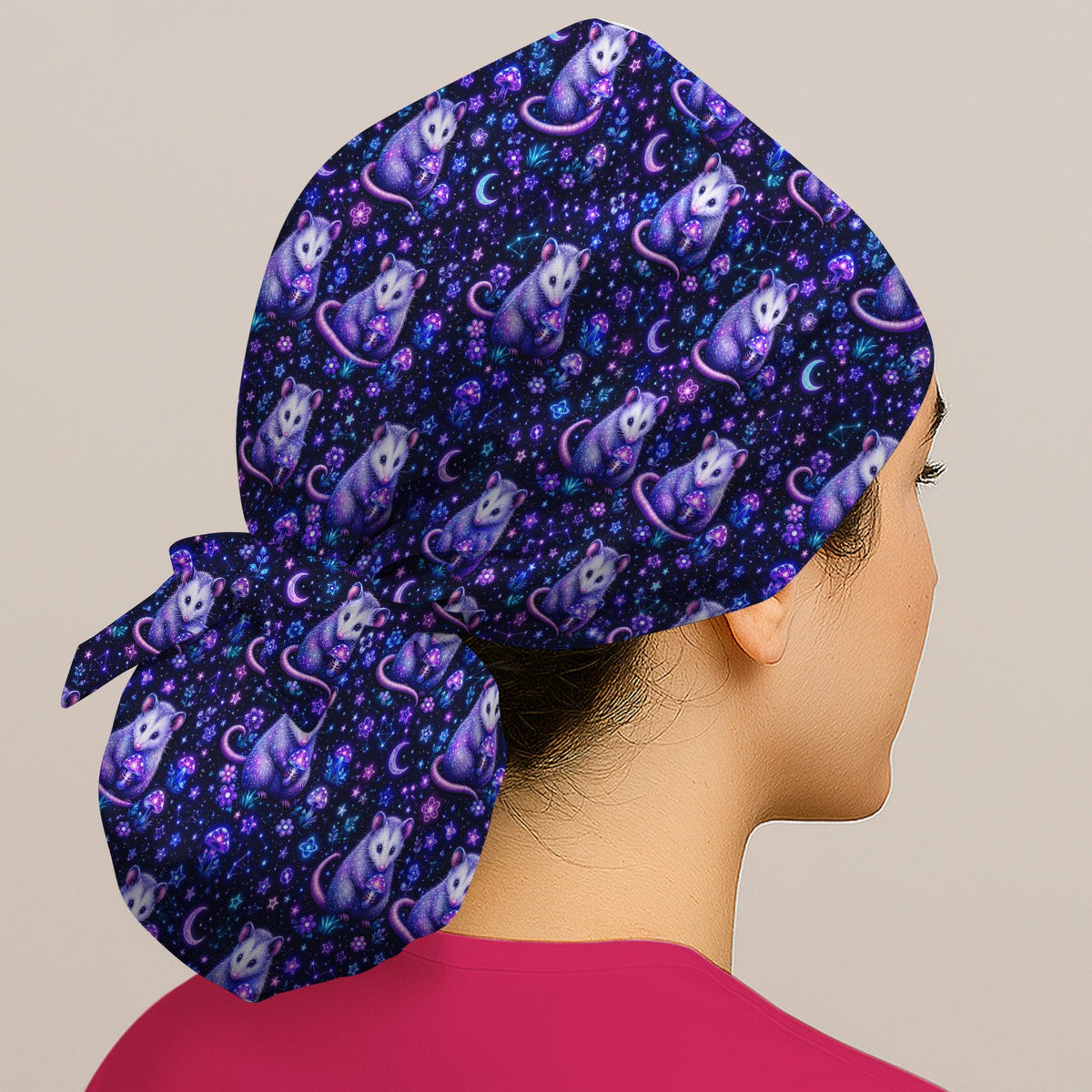 Neon Opossum Mushroom Galaxy Nurse Scrub Cap